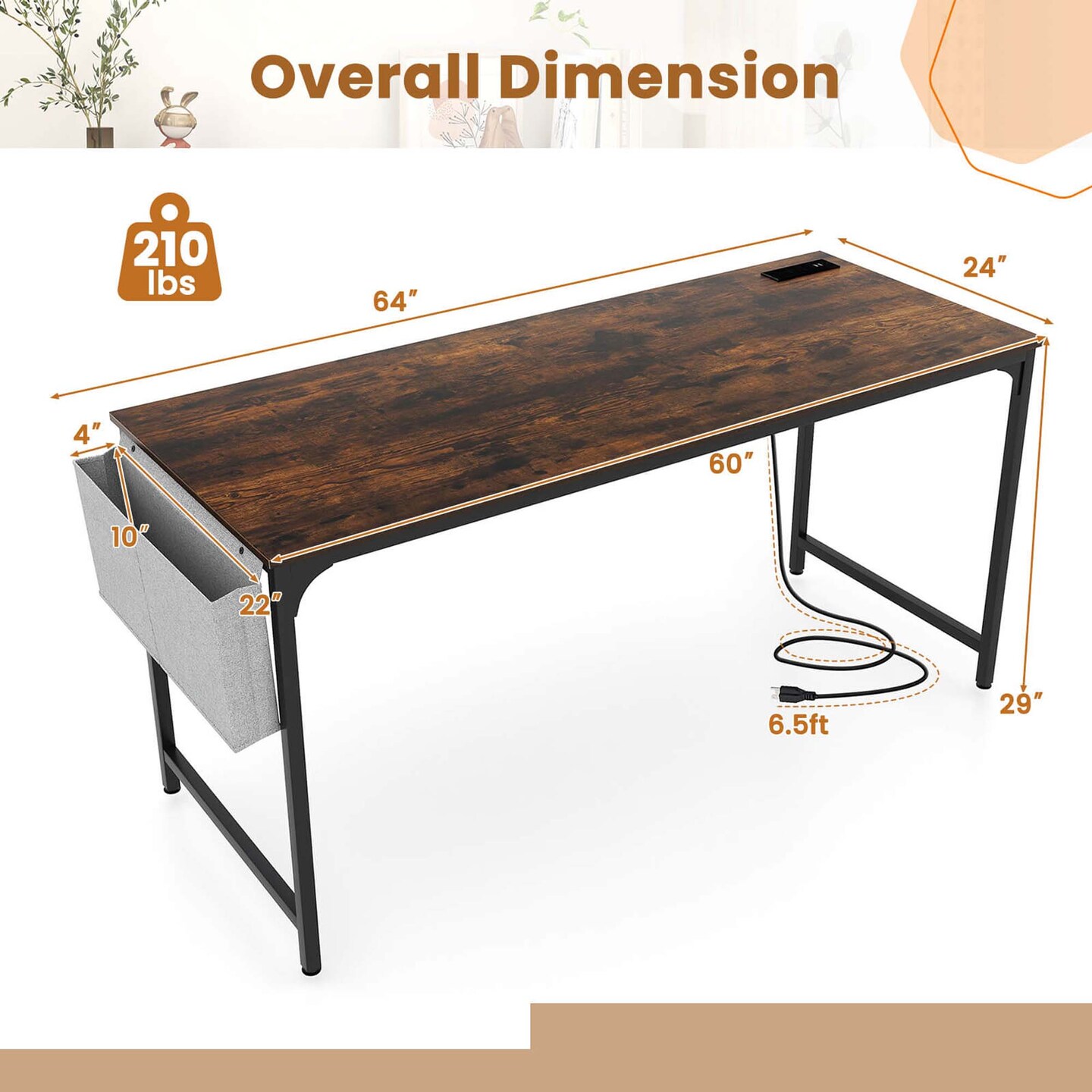 Costway 60&#x22; Modern Computer Desk with Charging Station with Storage Bag &#x26; Headphone Hook Borwn