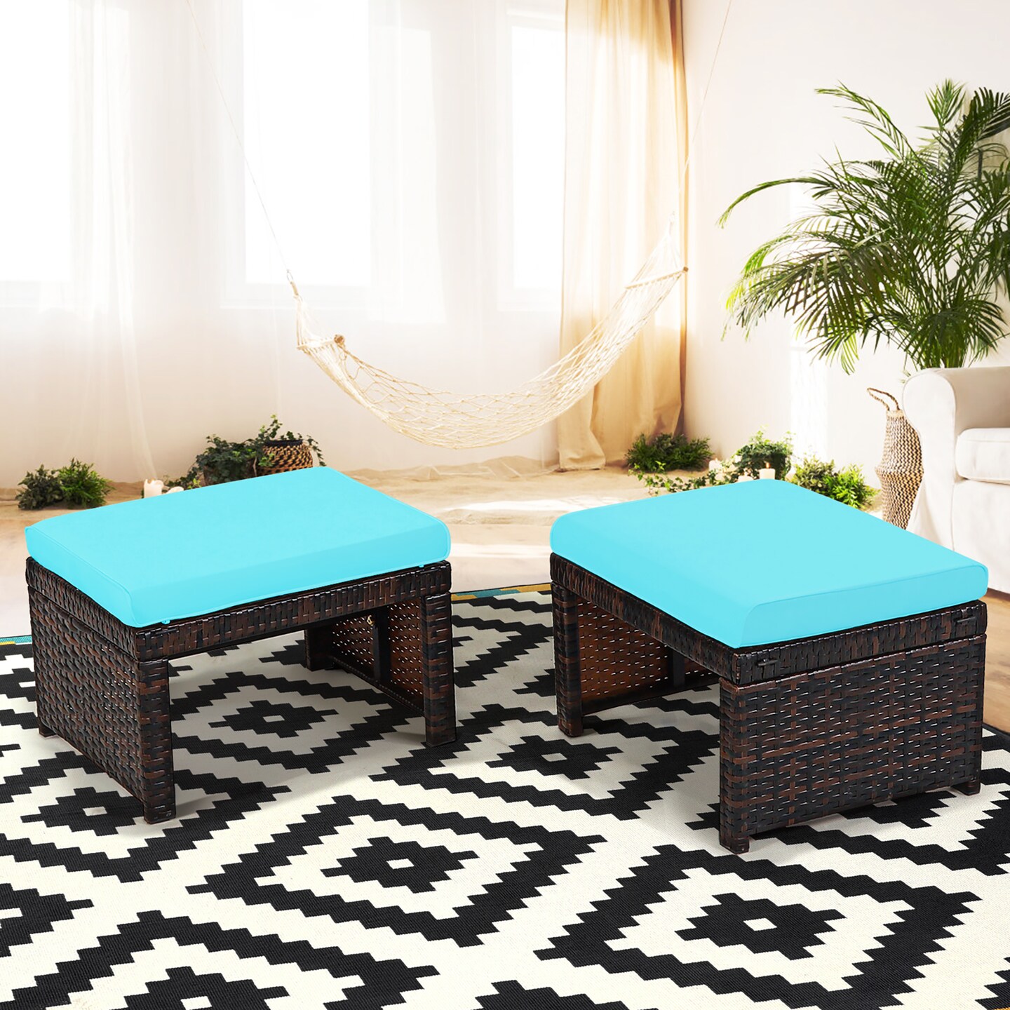 Costway 2PCS Patio Rattan Ottoman Cushioned Seat Foot Rest Furniture Turquoise\Red\White
