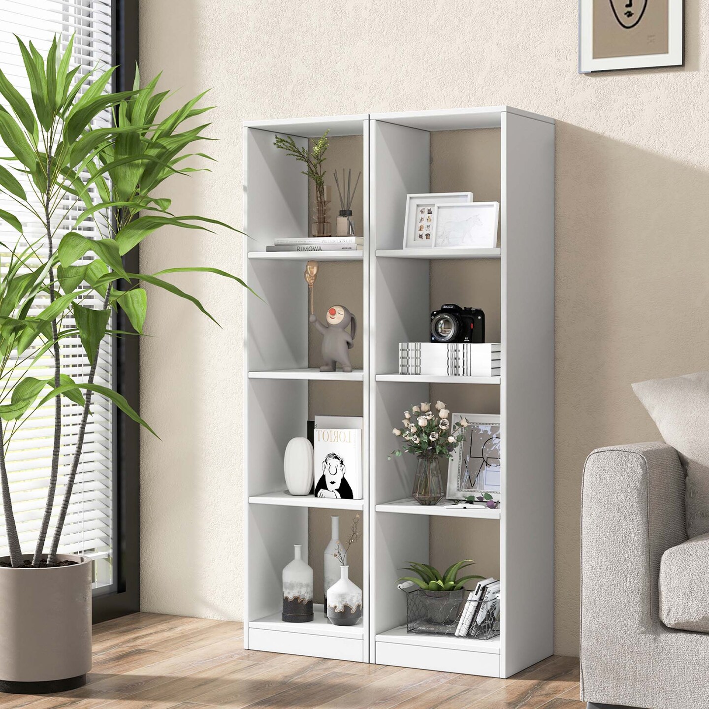 Costway 56'' Tall Bookcase, Freestanding Bookshelf with 4 Open Cubes
