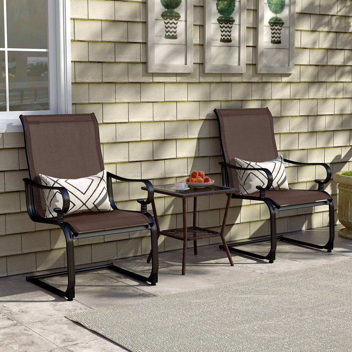 Costway Set of 2 Patio Chairs C-Spring Motion Chairs with Quick-drying & Breathable Fabric Brown/Gray