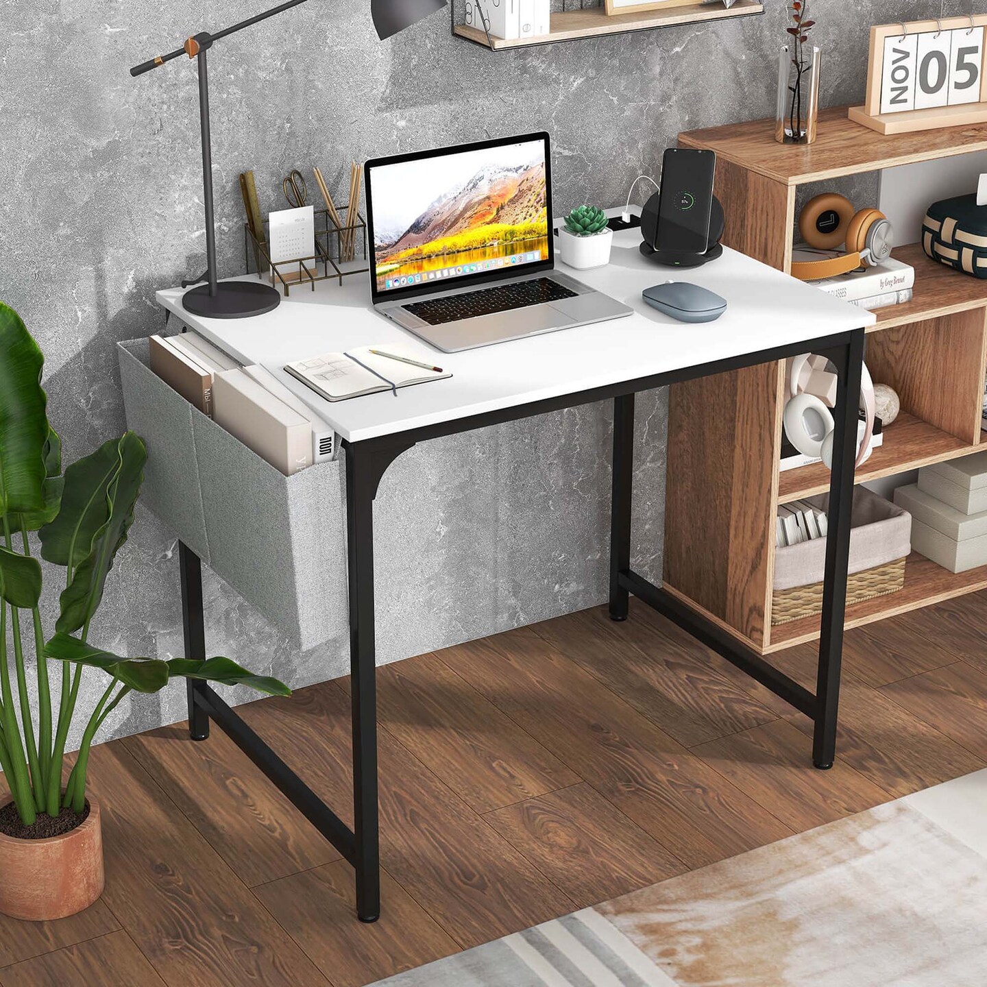 Costway 32" Meeting Room Desk Set of 2/4/6 with Charging Station & Headphone Hook Metal Frame White