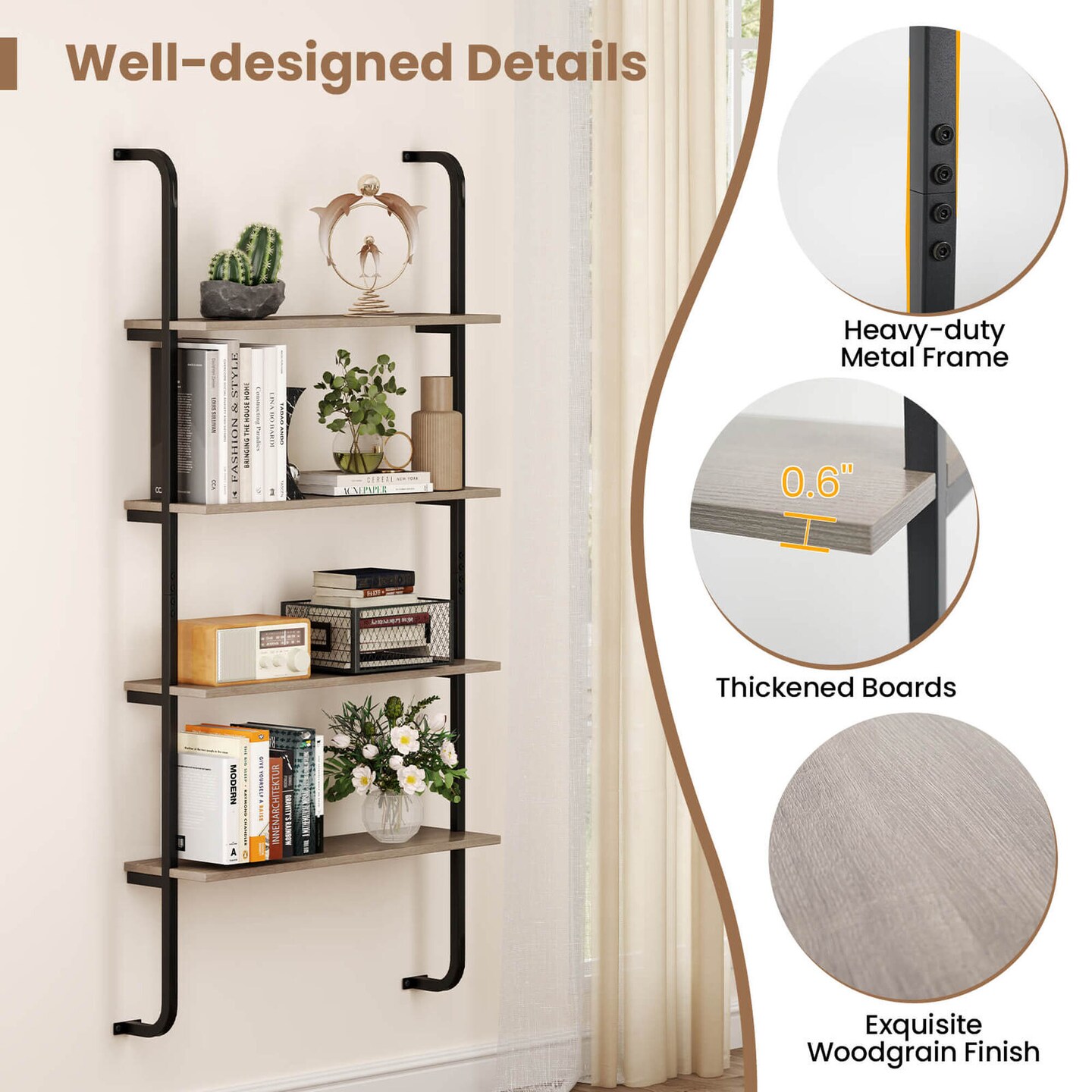 Costway 1/2 PCS 4-Tier Wall-mounted Ladder Shelf Display Bookshelf with Heavy-duty Metal Frame