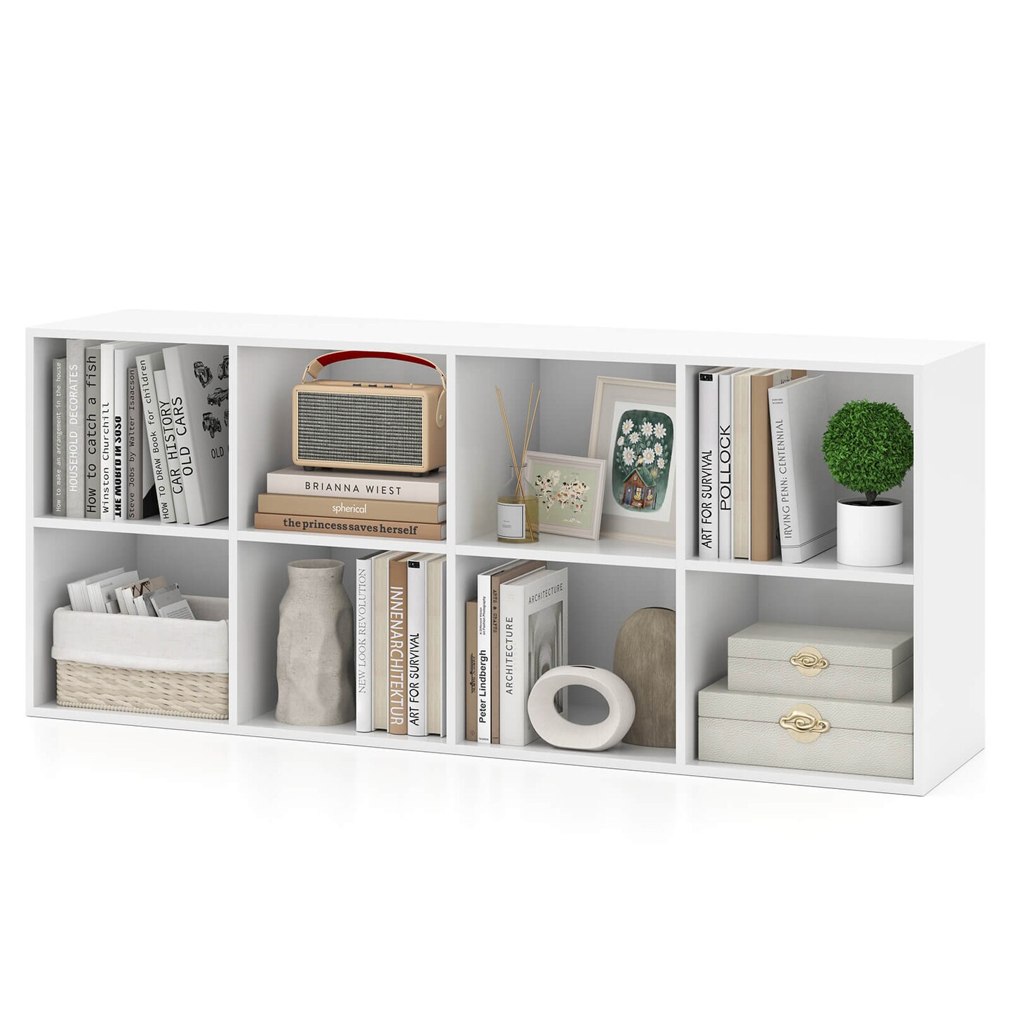 Costway 8-Cube Bookcase Bookshelf with 2 Anti-Tipping Kits Storage Organizer Rustic Brown/White