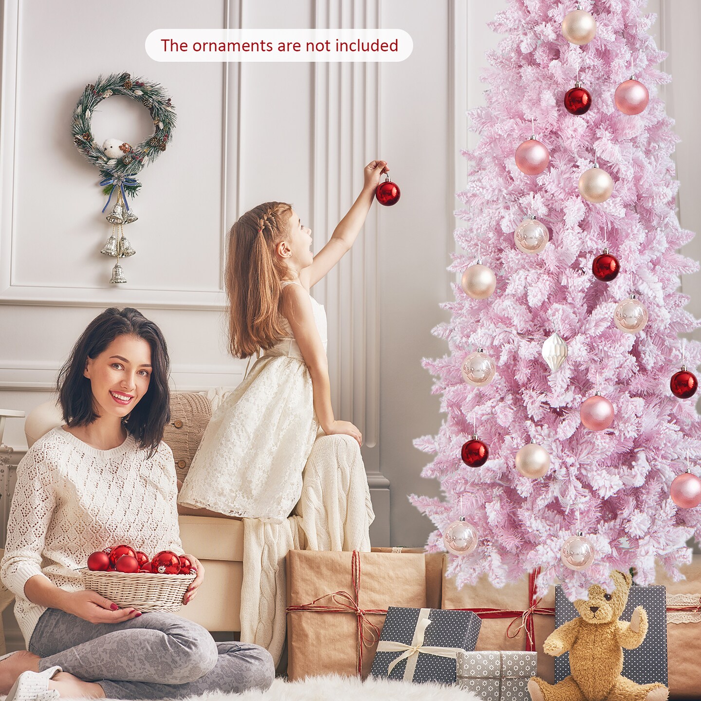 Costway 7FT Pre-Lit Snow Flocked Hinged Pencil Christmas Tree w/ 300 Lights &#x26; 8 Modes