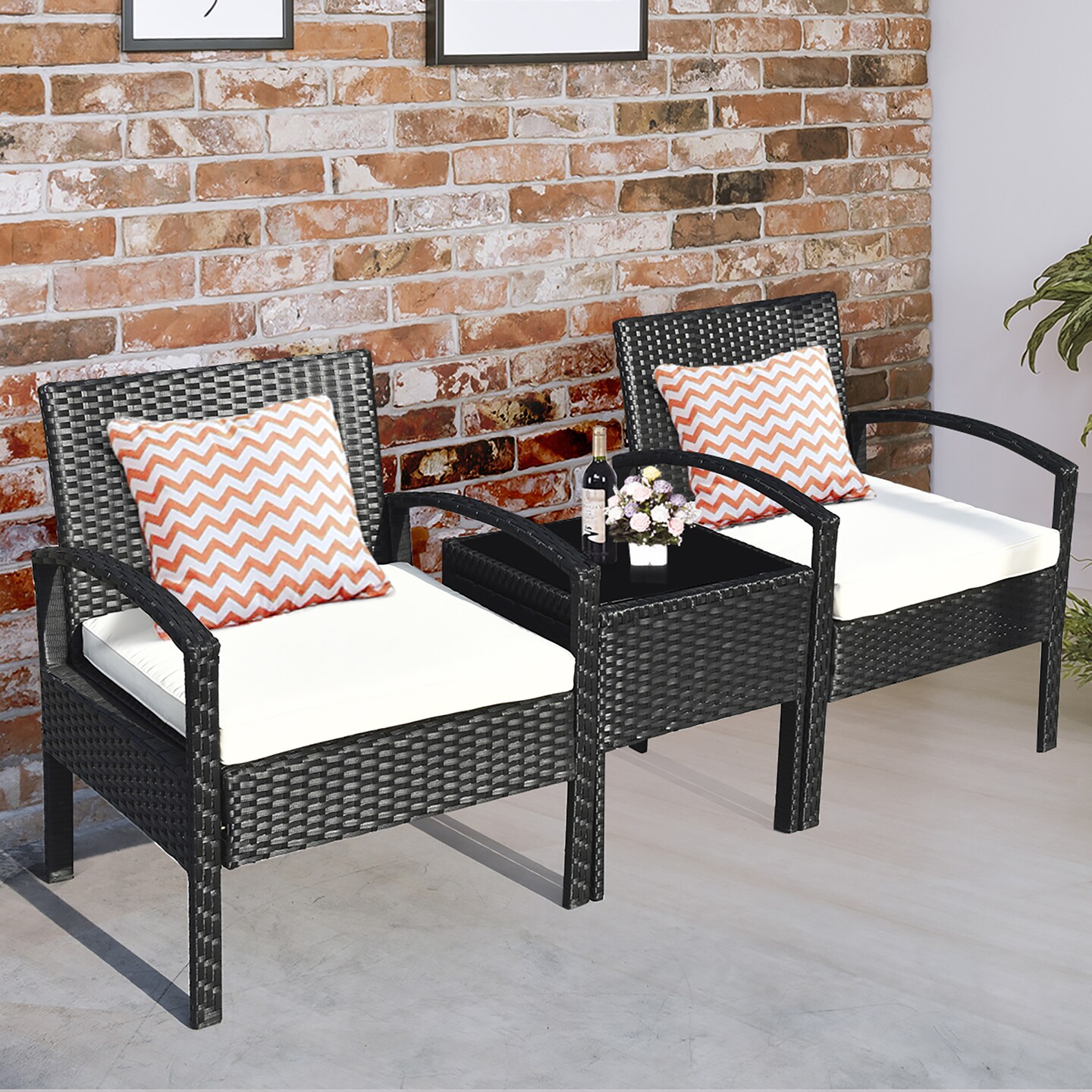 Costway 3PCS Patio Rattan Furniture Set Table & Chairs Set with Cushions Outdoor