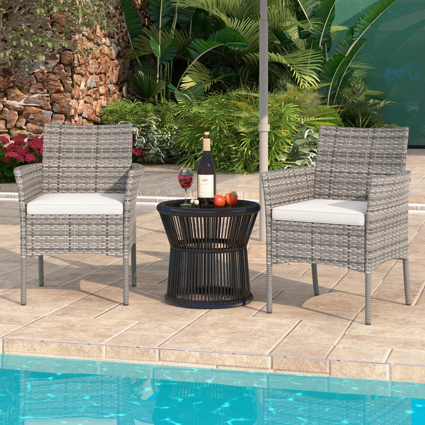 Costway Set of 2 Patio Rattan Arm Dining Chair Cushioned Sofa Furniture White