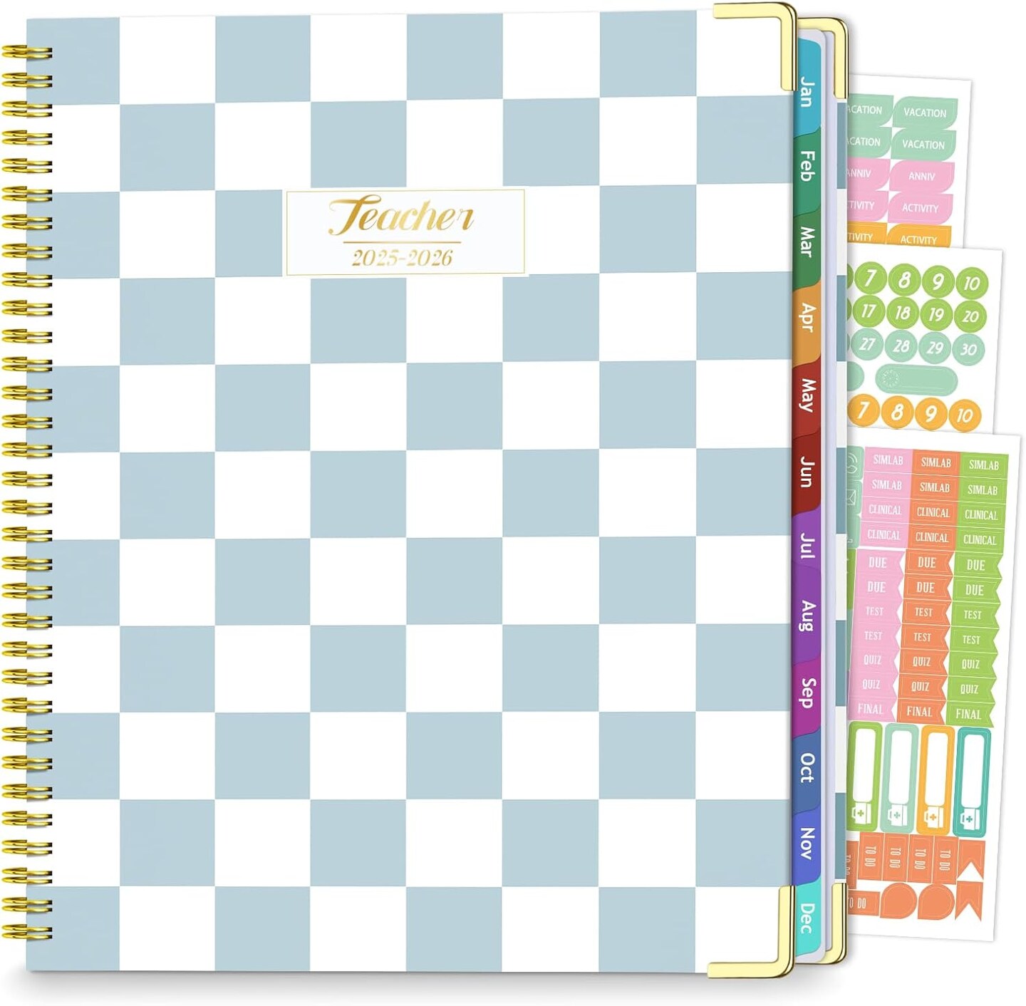 Teacher Planner 2026-2027 - July 2026 to June 2027 Academic Lesson Planner - 8.5" x 11" Weekly & Monthly Spiral Bound Book with Tabs, Stickers & Checkered Blue Design - Golden Corner Guards
