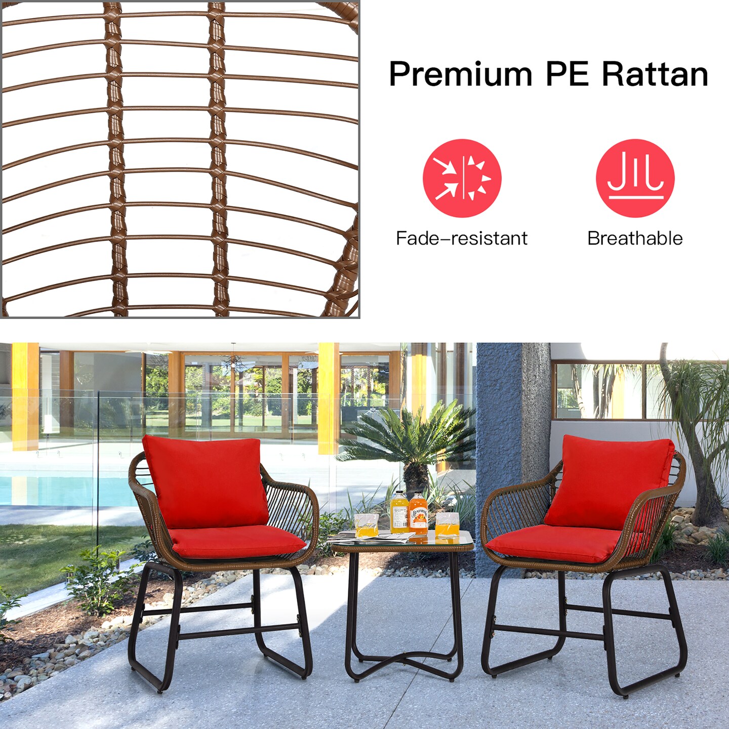 Costway 3PCS Patio Rattan Bistro Set Cushioned Chair Glass Table Deck White\Turquoise