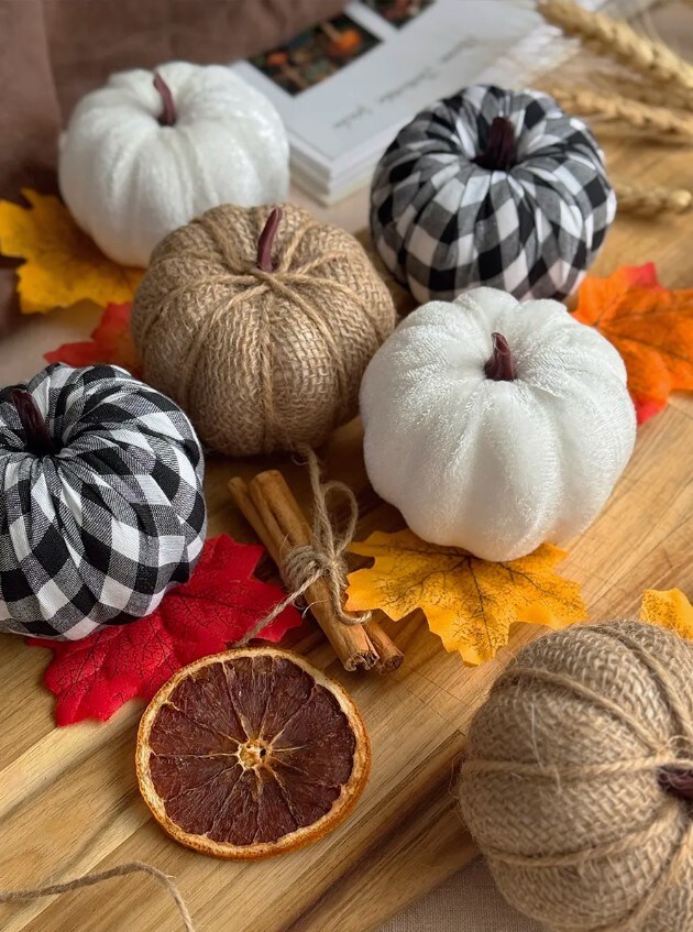 12 PCS Plaid & Burlap Faux Pumpkins – Small Fabric Foam Pumpkins in Black & White for Fall Decor, Thanksgiving, Halloween, Wedding & Farmhouse Decorations