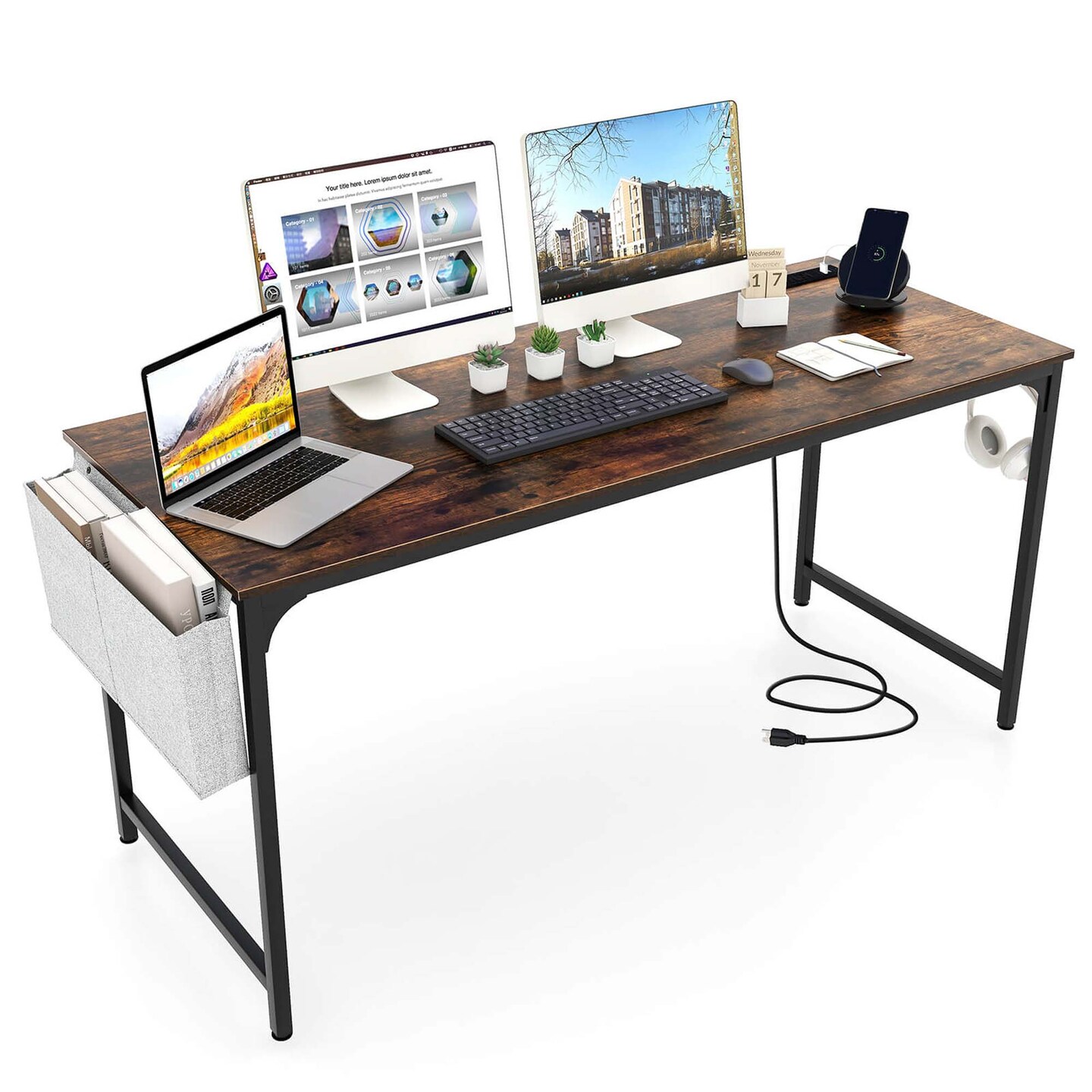 Costway 60&#x22; Modern Computer Desk with Charging Station with Storage Bag &#x26; Headphone Hook Borwn