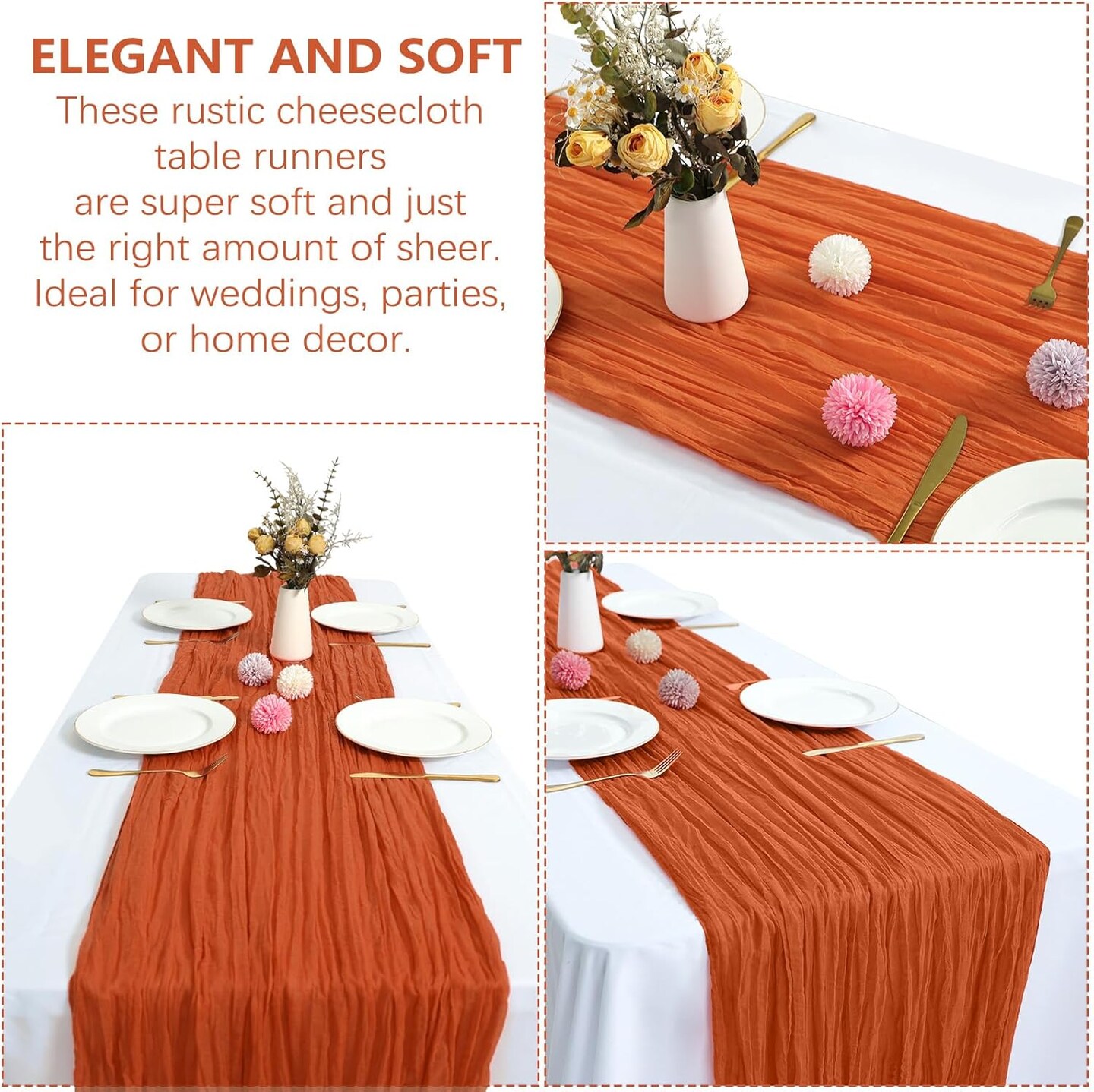 6 Pack Orange Cheesecloth Table Runner 10FT Boho Gauze Fabric Table Runner 35 x 120 Inch