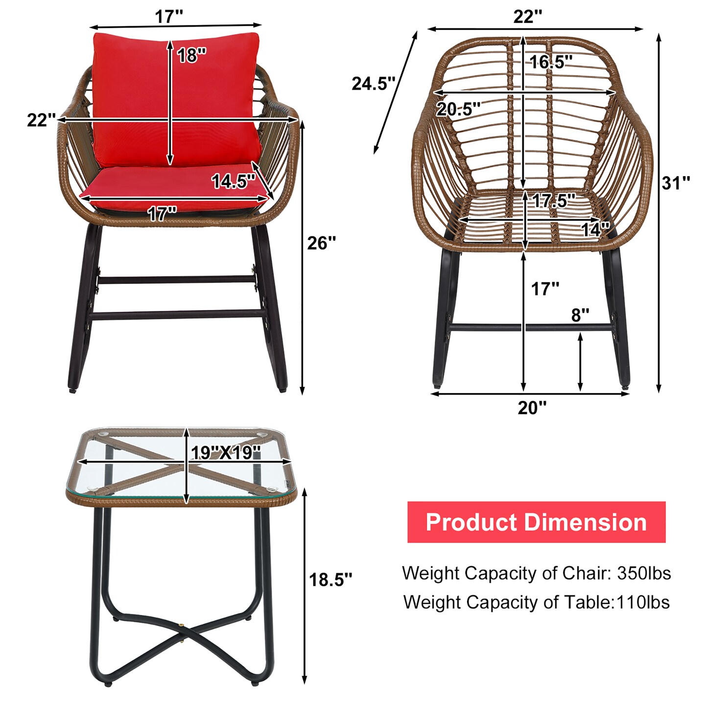 Costway 3PCS Patio Rattan Bistro Set Cushioned Chair Glass Table Deck White\Turquoise
