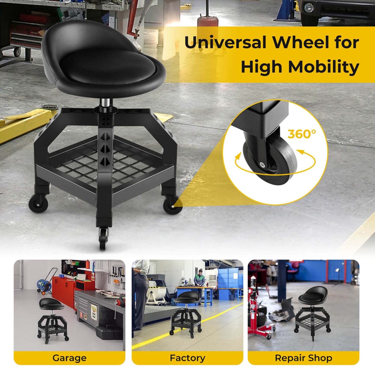 Costway Rolling Seat Mechanic Stool Chair with Tool Tray 4 Universal Wheels for Factory Black/Yellow