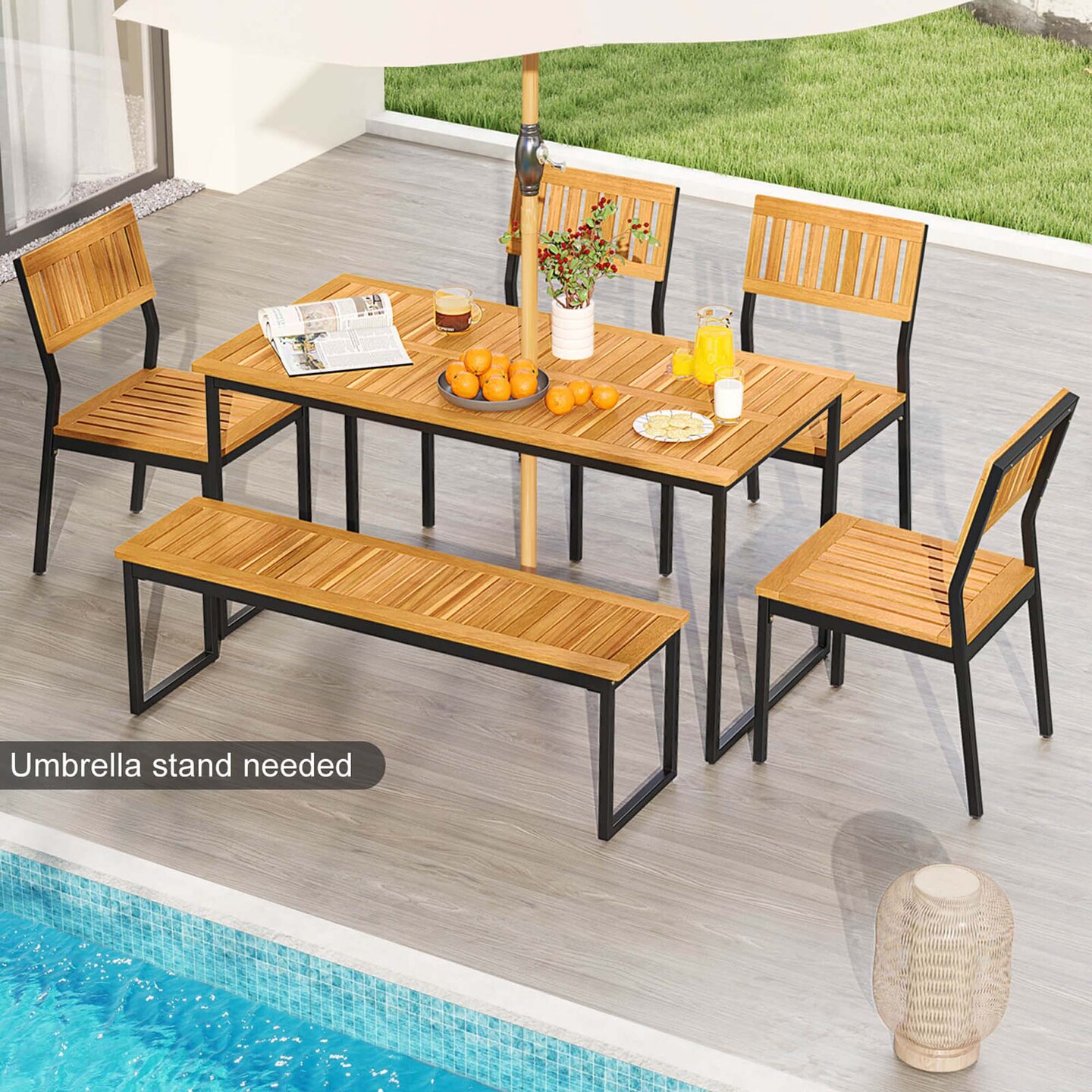Costway 6 PCS Outdoor Acacia Wood Dining Set with Bench and 2" Umbrella Hole Outdoor Patio