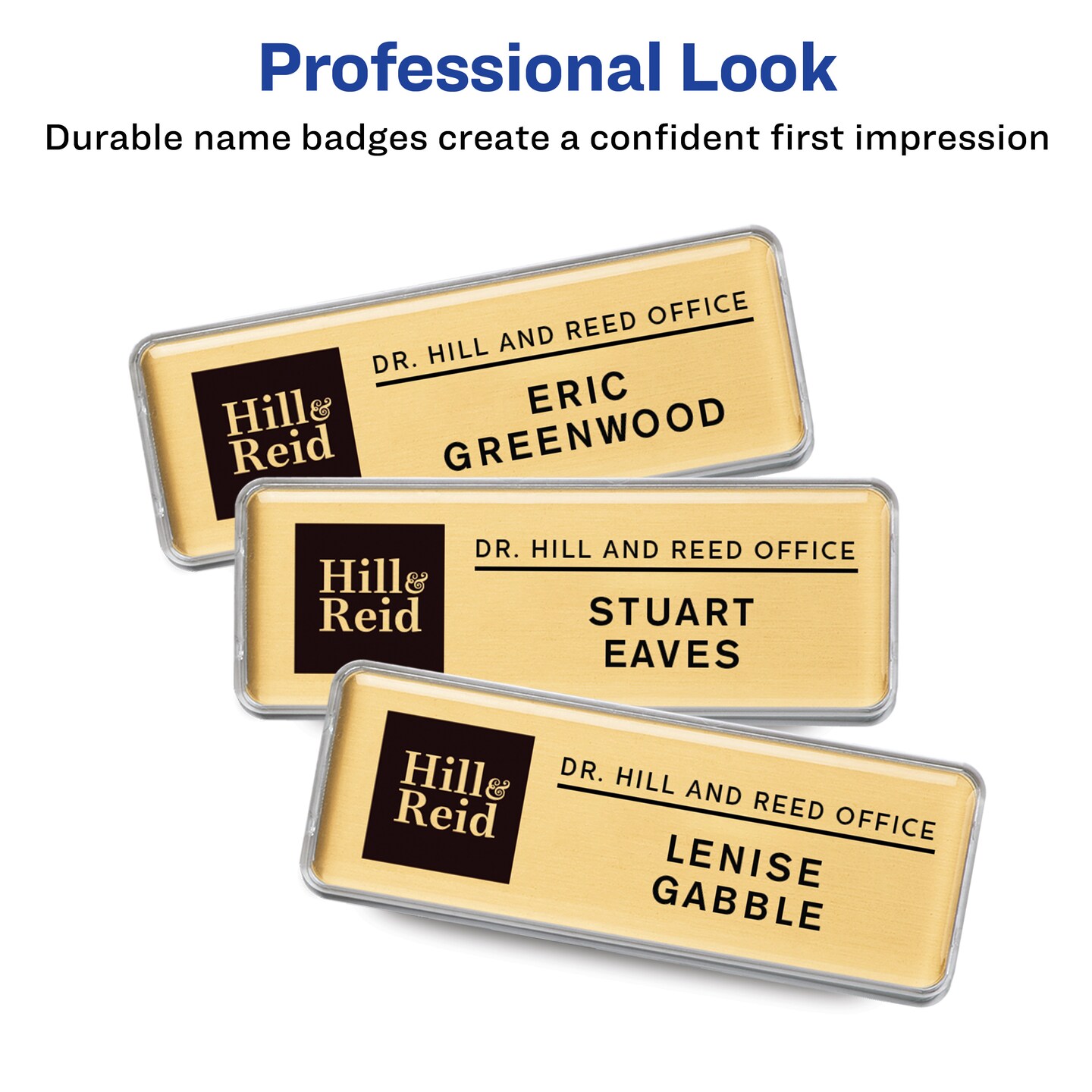 Avery Reusable Magnetic Professional Name Badge System, 1" x 3" Gold Name Tags, 10 Identification Badges, 80 Laser Printable Inserts, Design Software Included (71204)