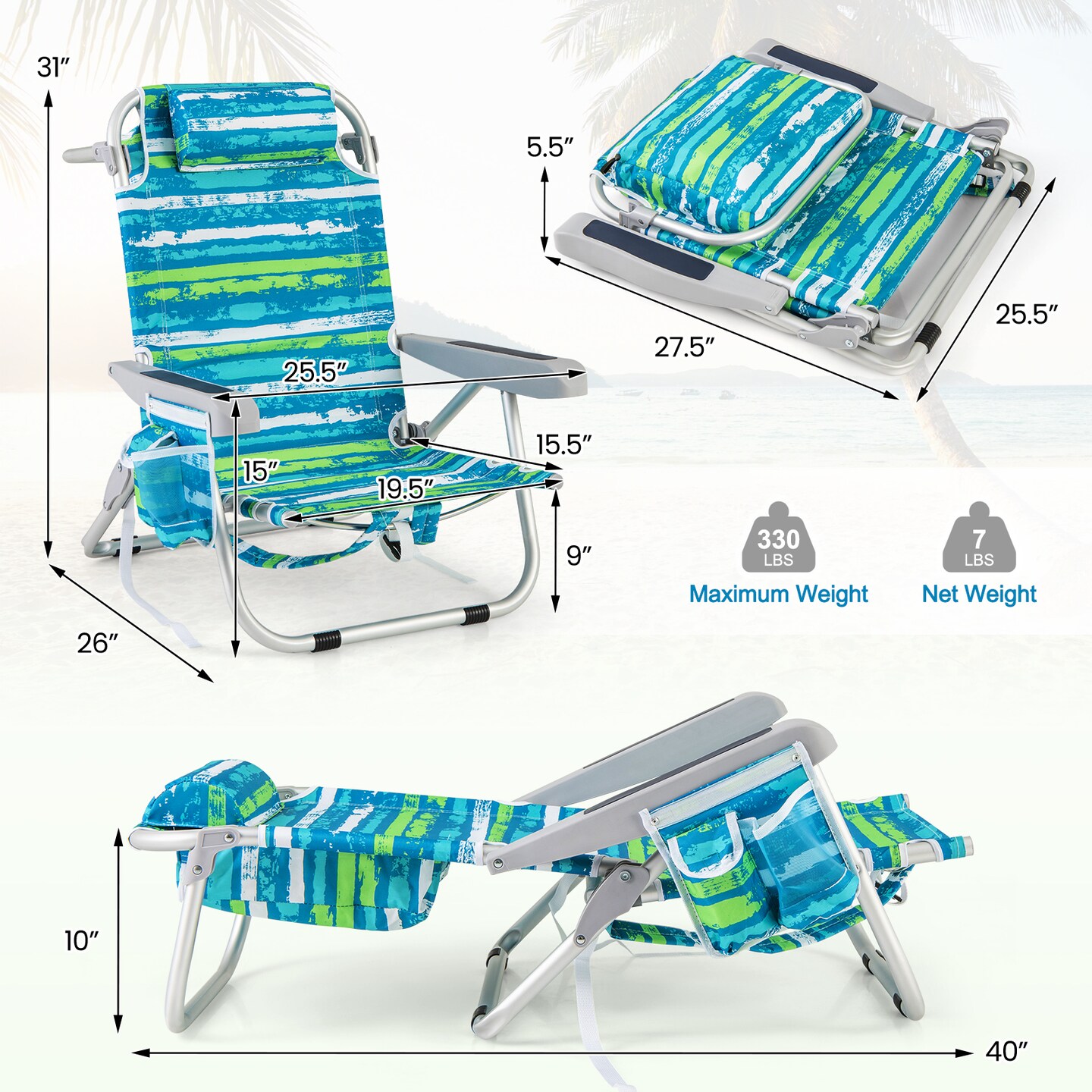 Aluminum Reclining Beach Chairs with Storage Set of 2