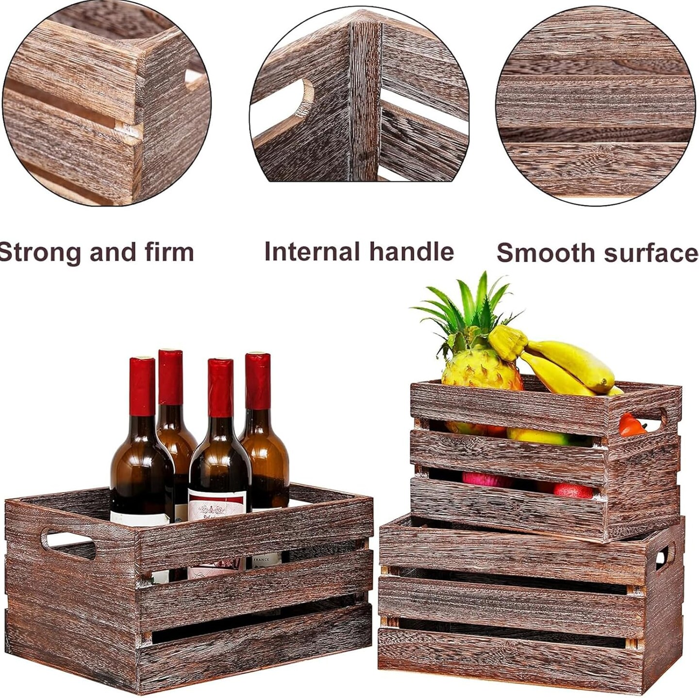 Decorative Wood Crates Nesting Crates Wooden Storage Container for Display,Rustic Handmade for Storage with Handles,Farmhouse Wood Basket for Party,Office,Bedroom,Kitchen,Decor Boxes-Brown Set of 3
