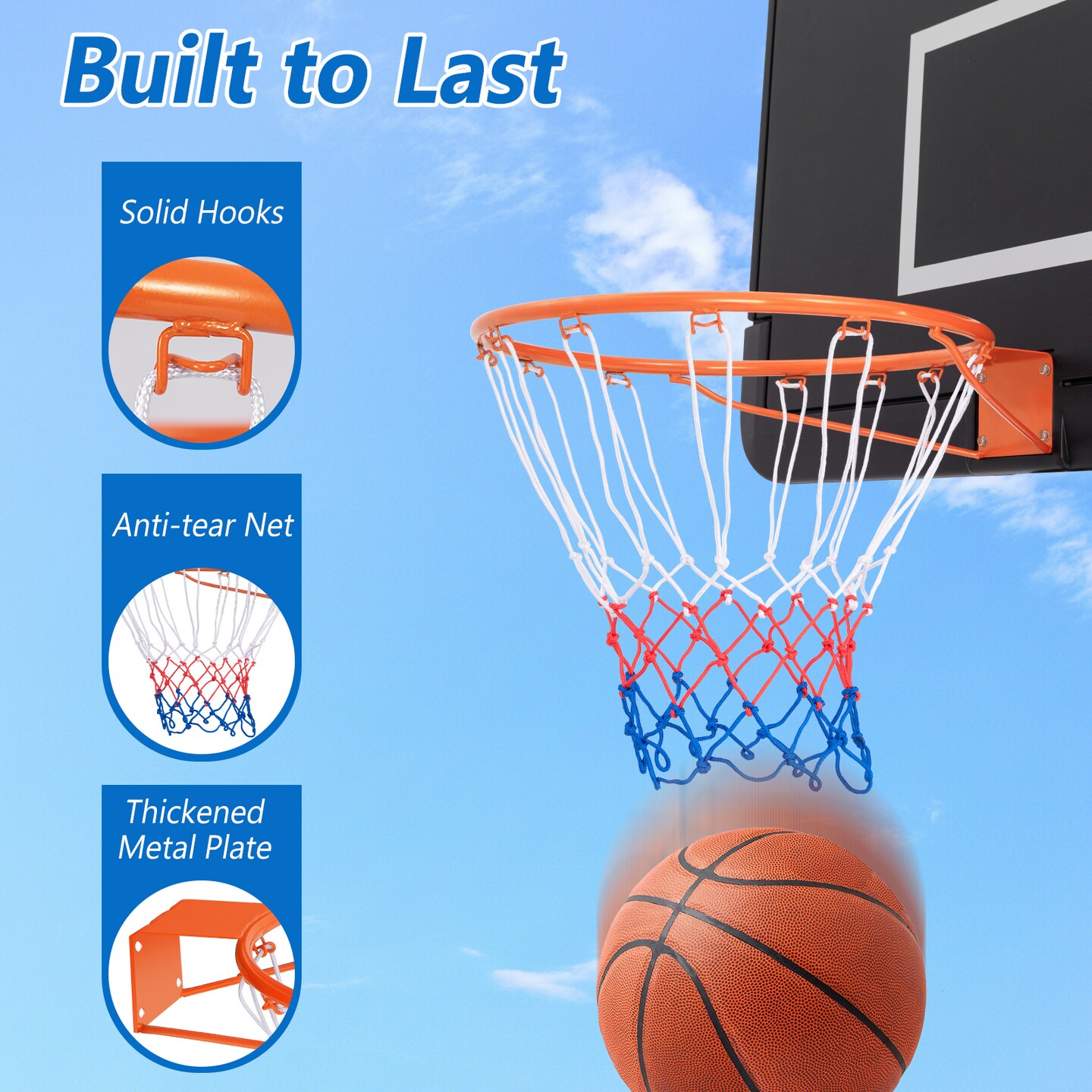 15 Inch Basketball Rim Goal Replacement with All Weather Net and Metal Pipes Perfect for Indoor or Outdoor