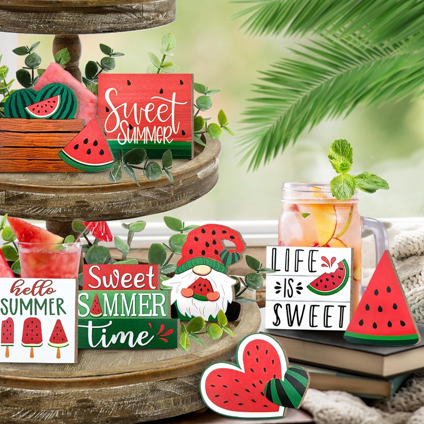Summer Tiered Tabletop Decor, Farmhouse Watermelon Tray Decorations, Hello Summer Sweet Watermelon Gnome Wooden Signs, Rustic Summer Home Decor for Table Mantel Office Holiday Party
