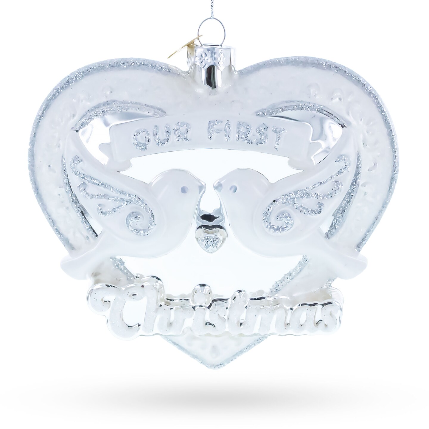 Our First Christmas Romantic Lovebirds Heart Glass Christmas Ornament