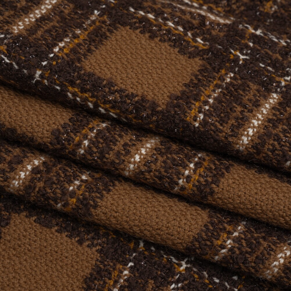 1 Yard Brown White and Metallic Black Boucle Plaid Wool Blend Tweed Deadstock