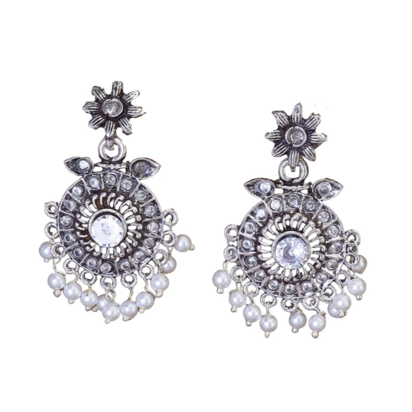 Indian Oxidized Jhumka Earrings for Women - Round Oxidized Jhumki Ethnic Chandbali Earrings Faux Pearls with Oxidized Platting Bollywood Style Dangle Earring Jewelry for Bride Gift for Her