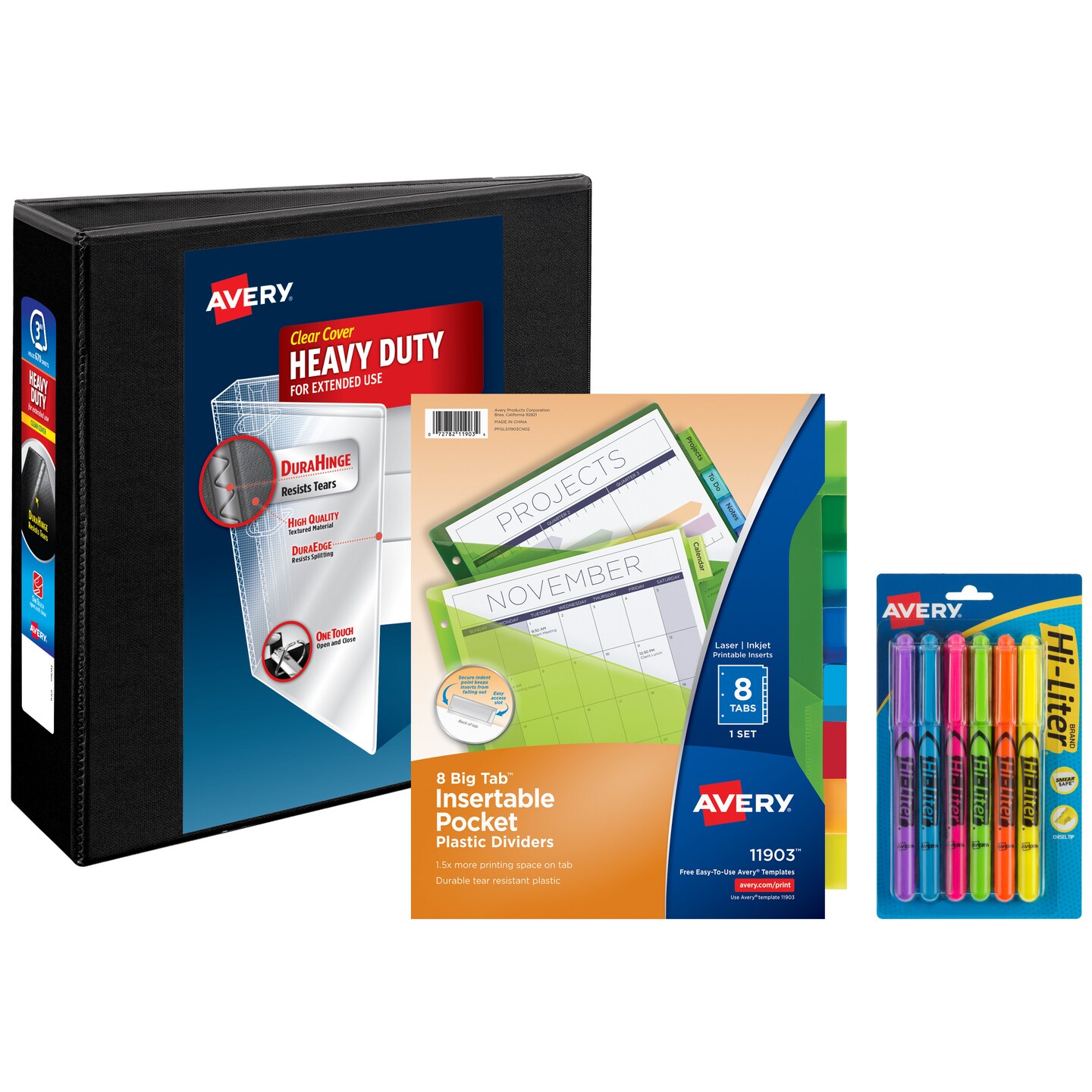 Avery Heavy-Duty View 3 Ring Binder with 3 Inch Rings, 8 Tab Plastic Binder Dividers with Pockets, Assorted Chisel Tip Highlighters, School Supplies Set (01682)