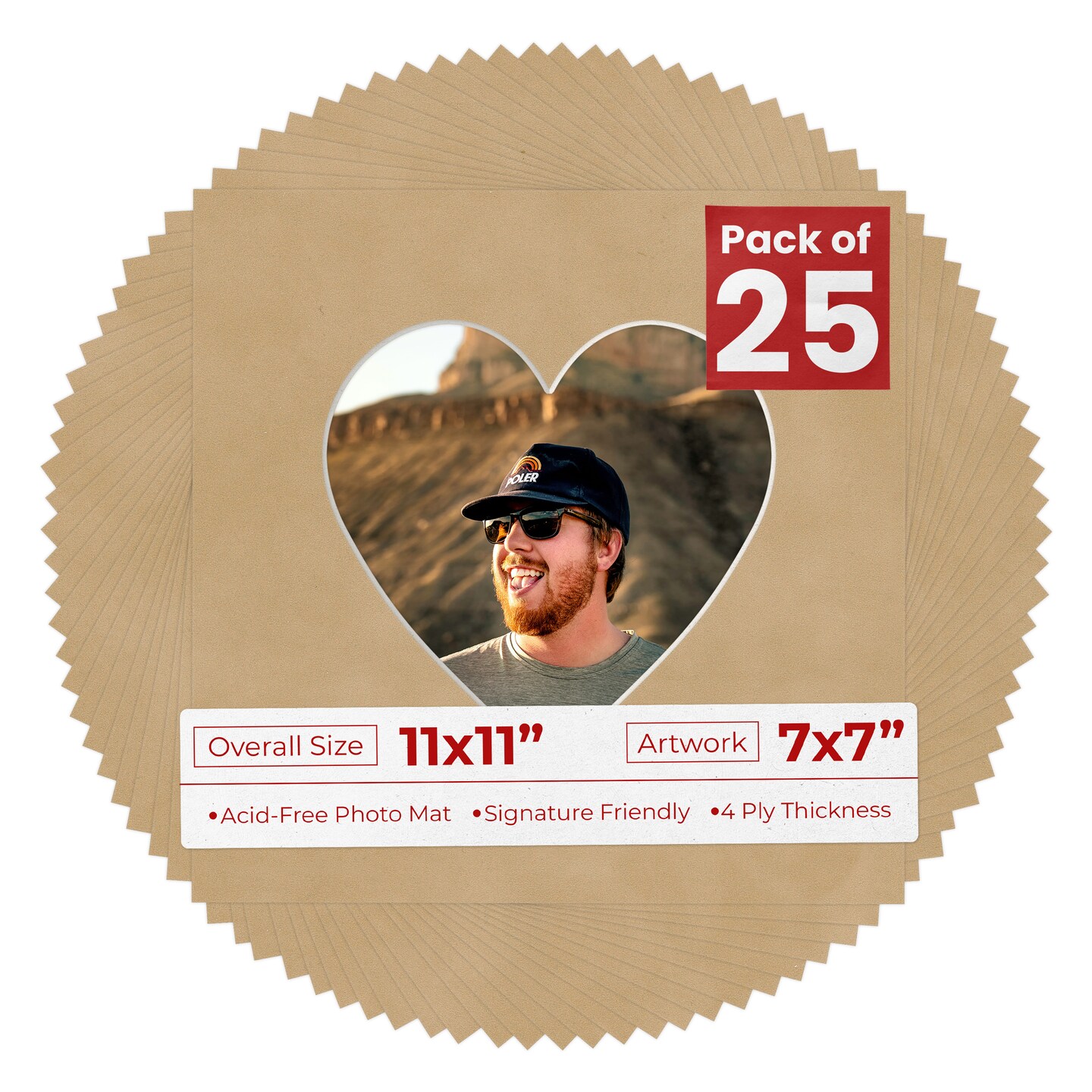 Beige Suede Mat Board for 11x11 Frames - Heart Opening for 7x7 Photos