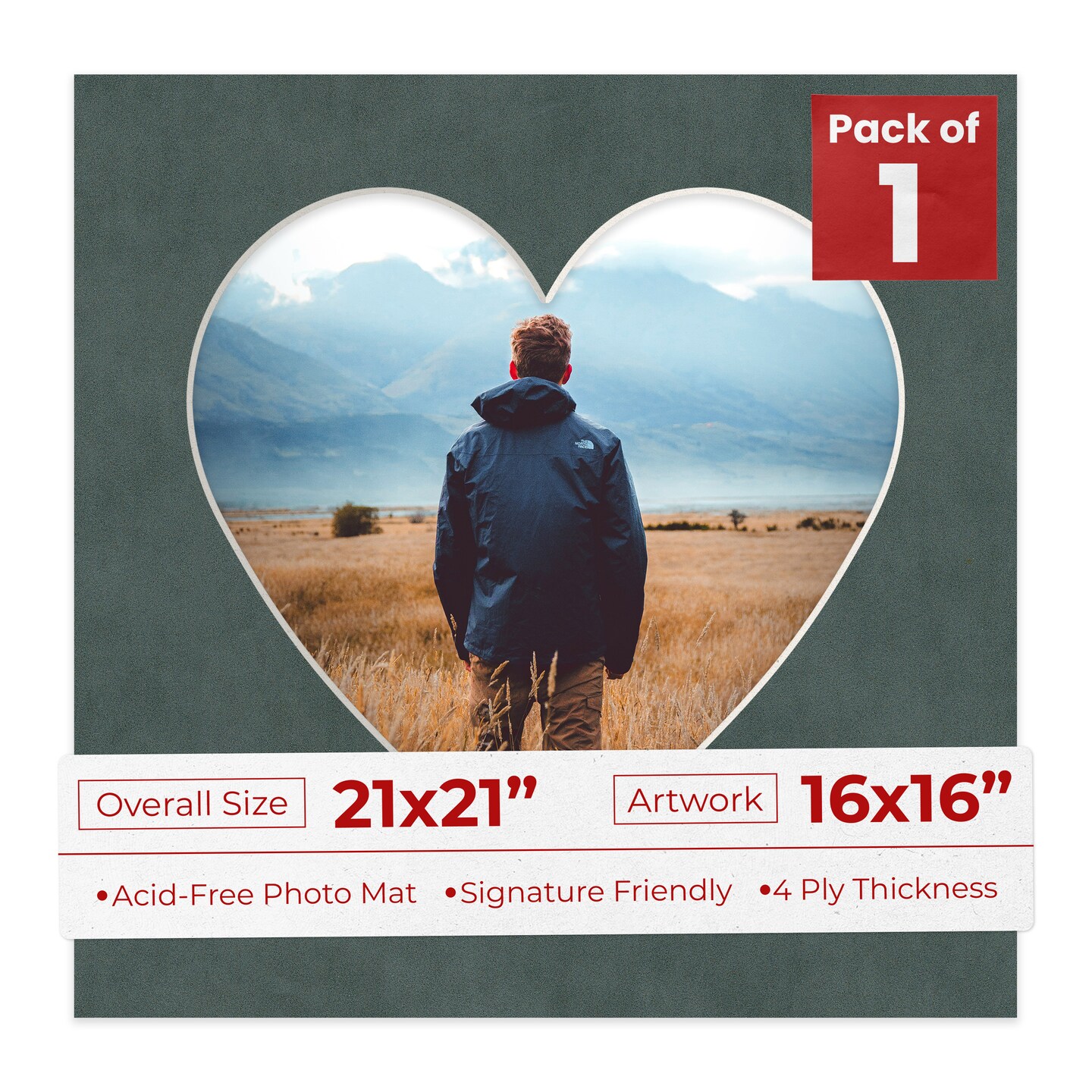 Dark Grey Suede Mat Board for 21x21 Frames - Heart Opening for 16x16 Photos