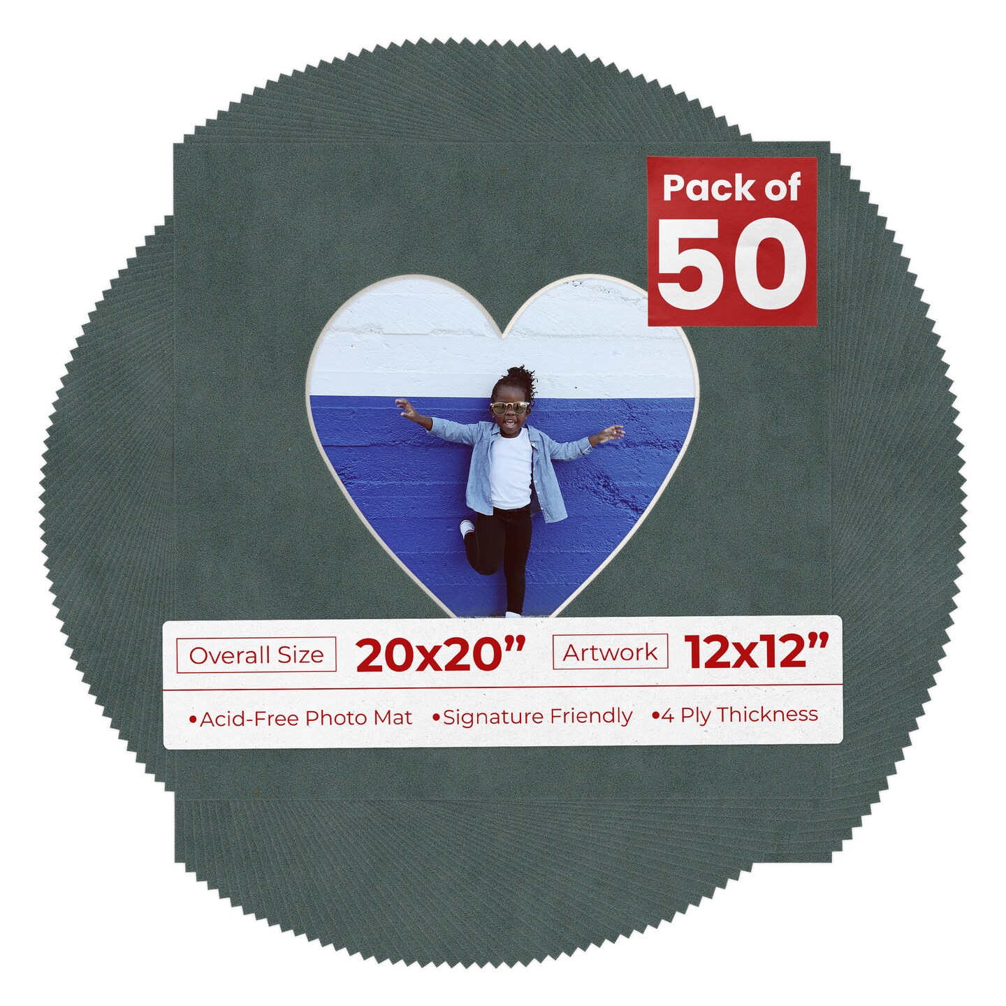 Dark Grey Suede Mat Board for 20x20 Frames - Heart Opening for 12x12 Photos