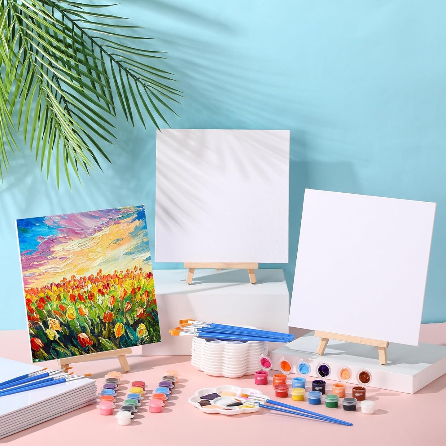 24 Set 8 x 8 Inch Canvas Boards and Easel for Painting, Acrylic Paint Strips, Palettes, Brushes, Canvases Painting Kits for Kids Adults Artists Beginners Oil Acrylic Painting Party Favors