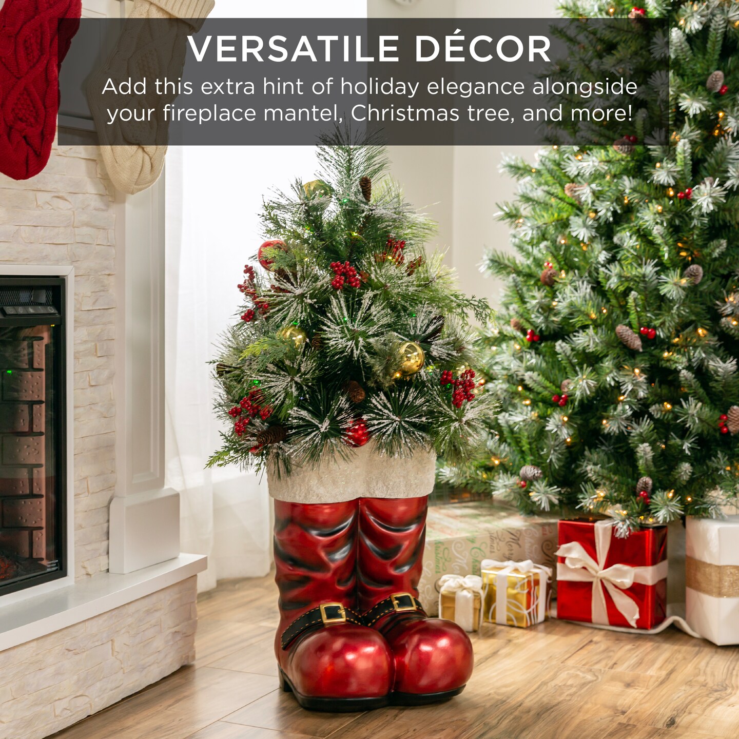 Best Choice Products 40in Santa Boots Decoration w/ Pre-Decorated Christmas Greenery, Battery-Operated Lights