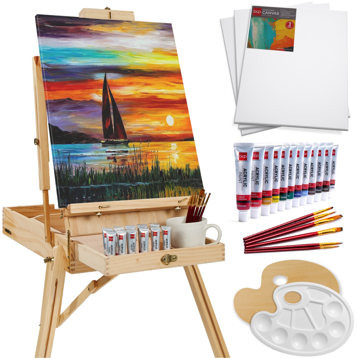 Best Choice Products French Easel, 32pc Beginners Kit Portable Wooden Adjustable Tripod  w/ Paint Supplies