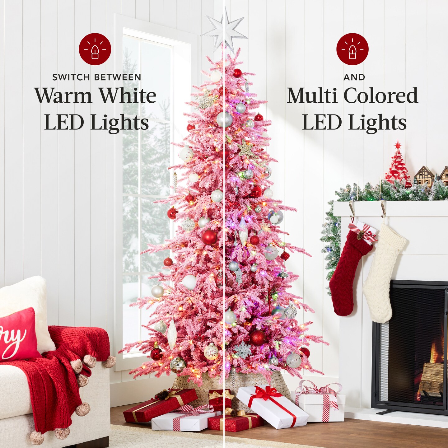Best Choice Products Pre-Lit Flocked Artificial Aspen Noble Fir Christmas Tree w/ Branch Tips, LED Lights - Pink