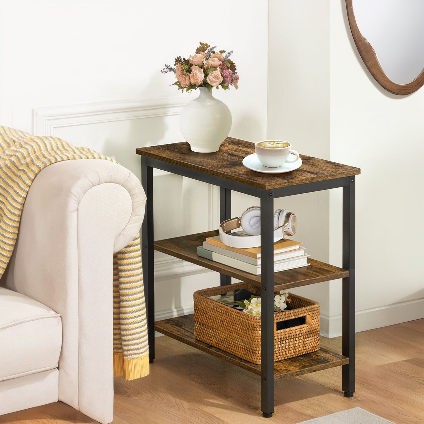 Brown Wood Metal End Table with 3-Tier Storage Retro Side Table