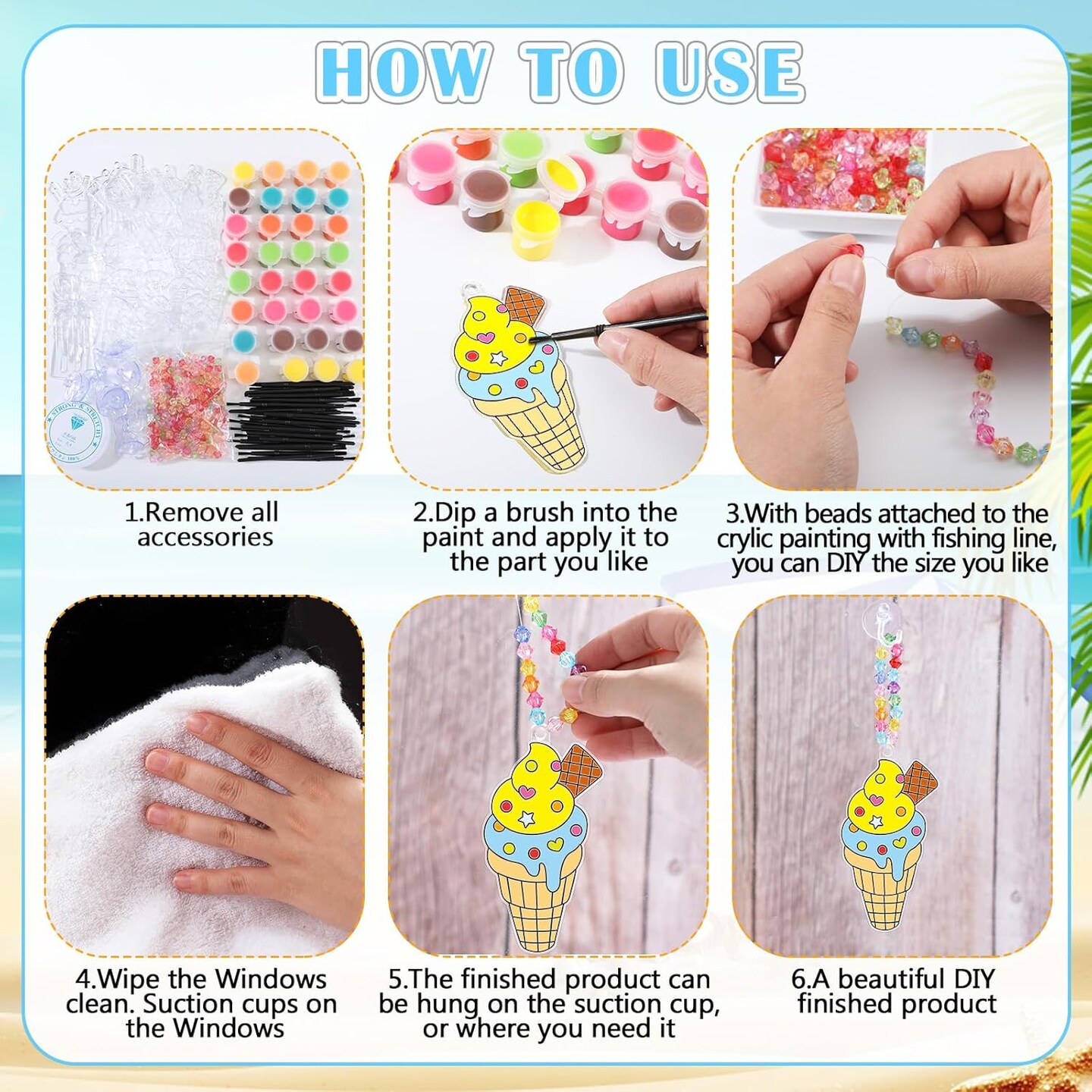 30 Sets Summer Suncatchers Window Art Drawing Kits DIY Ice Cream Sun Catcher Crafts Bulk Paint Your Own Window Hanging Ornaments