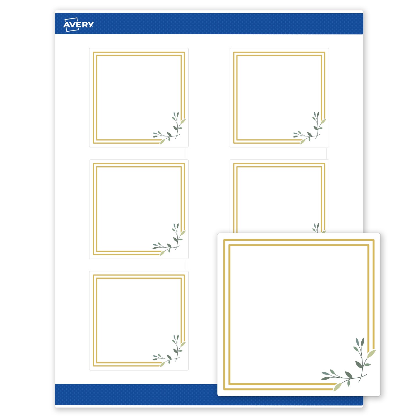 Avery Printable Square Labels, Gold Double Border with Florals, 3" x 3", Matte White Square Labels, Permanent, Laser/Inkjet, 60ct, Great for Product Labels