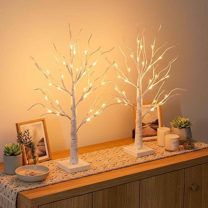 Lighted Birch Tree Home Decor, Christmas Decorations Indoor 2Pack 24 LED Light Up Tabletop Mini Small Artificial White Trees Lamp with Lights Battery Operated/USB for Table Mantel (2FT)