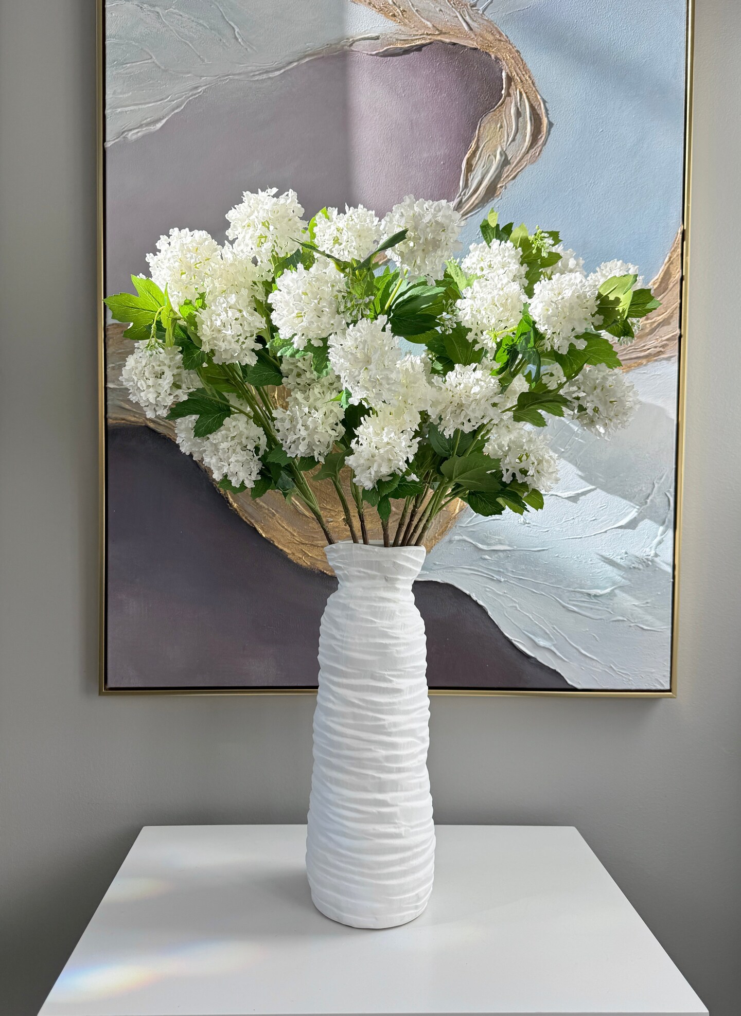 Evie Faux Snowball Hydrangea Spray, 30” White Artificial Flower Stems Set of 3 Realistic Silk Floral Decor