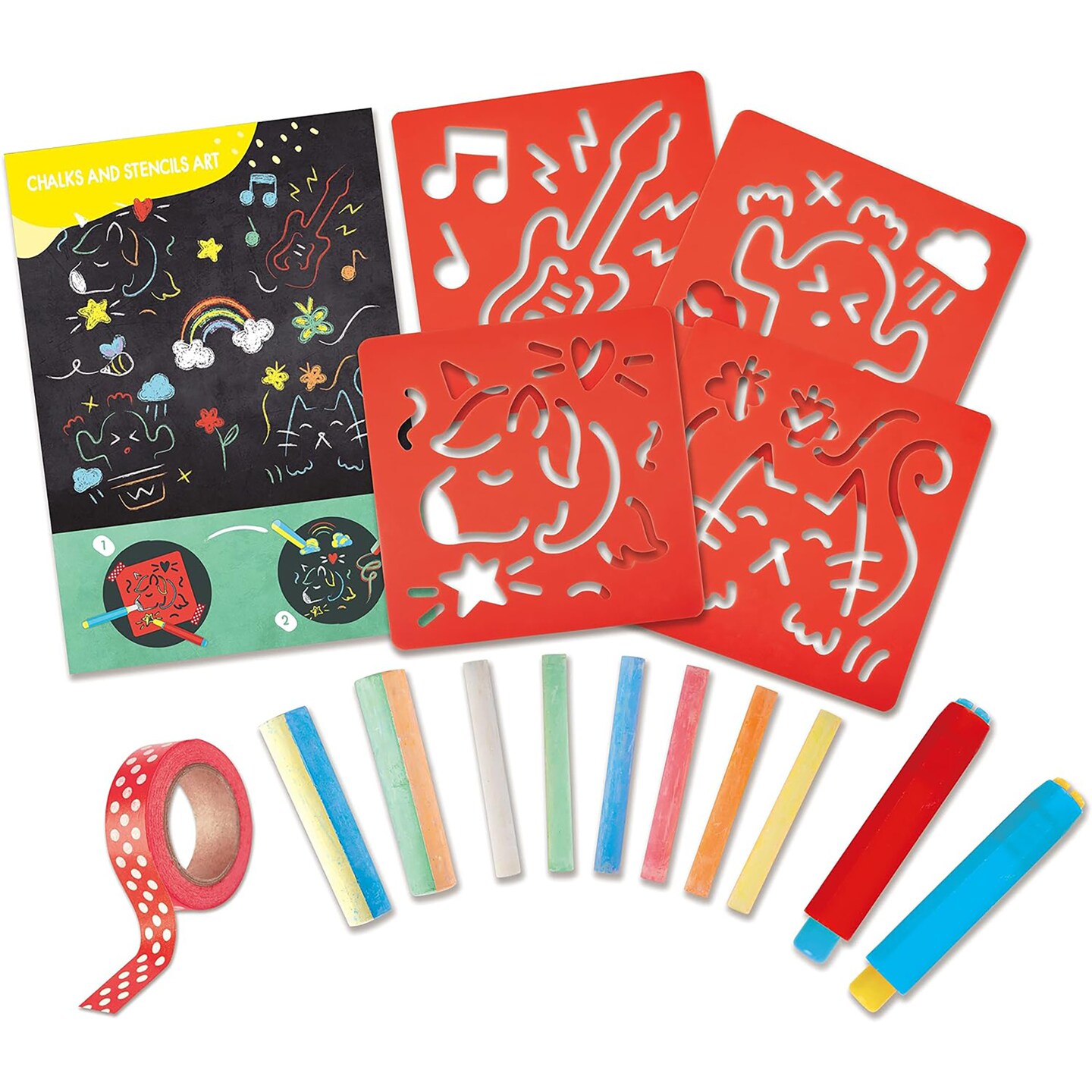 Hape: Chalks &#x26; Stencils Art - 22pcs, Activity Art Kit, Stencils, Colorful Dustless Chalk Pieces &#x26; Holders, DIY Arts &#x26; Crafts Playset, Kids Ages 3+