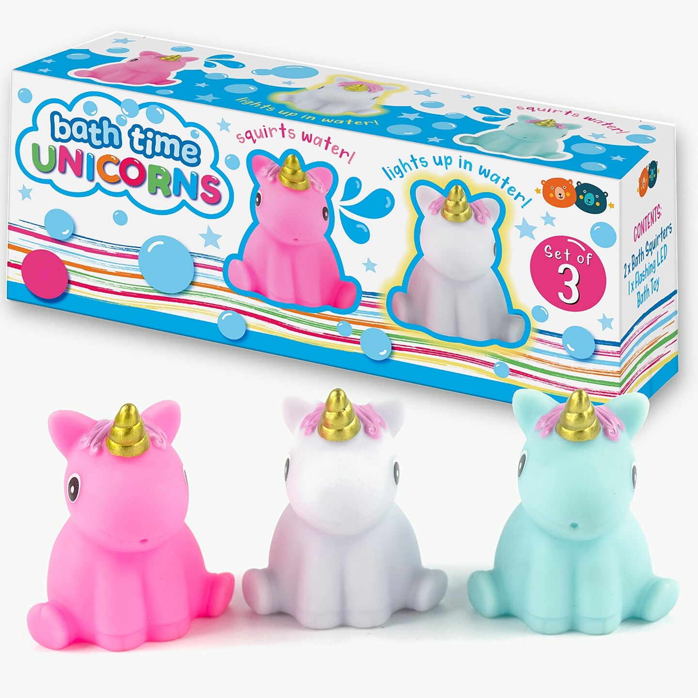 Buddy &#x26; Barney: Bath Time Unicorns - 3 Piece Toy Set - 2 Water Squirters &#x26; 1 Flashing LED Light-Up Unicorn, Water &#x26; Tub, Baby-Toddler-Kids Ages 10mo+