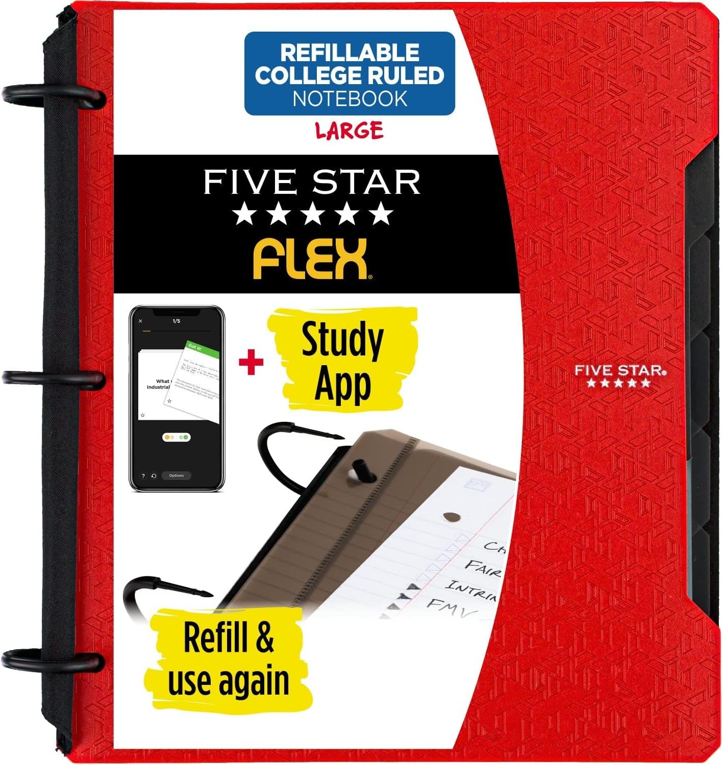 Flex Refillable Notebook + Study App, College Ruled Paper, 1 Inch Techlock Rings, Pockets, Tabs and Dividers, 200 Sheet Capacity, Color Will Vary (29328)