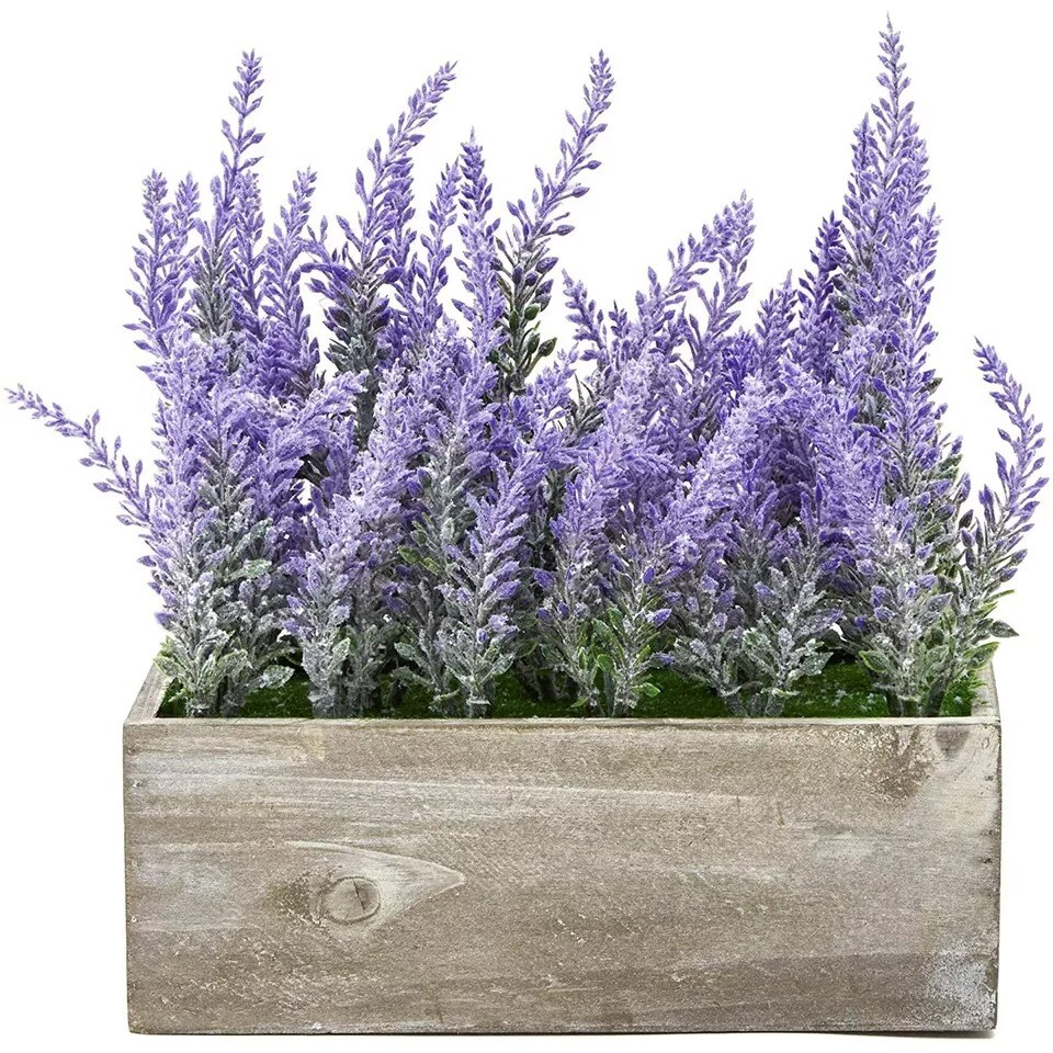 Artificial Lavender Fake Flower Plant in Rustic Pot Wooden Box for Decorations