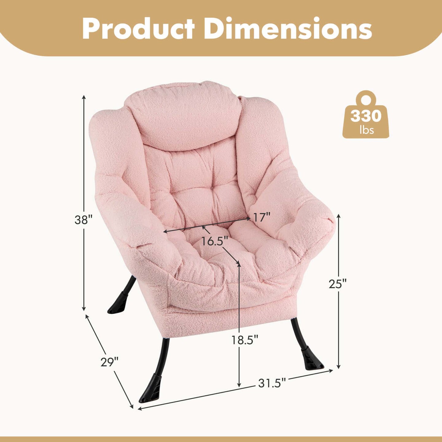 Costway Large Lazy Chair with Cozy Head Pillow Stylish Tufted Back &#x26; Seat Armrests Beige/Gray/Pink