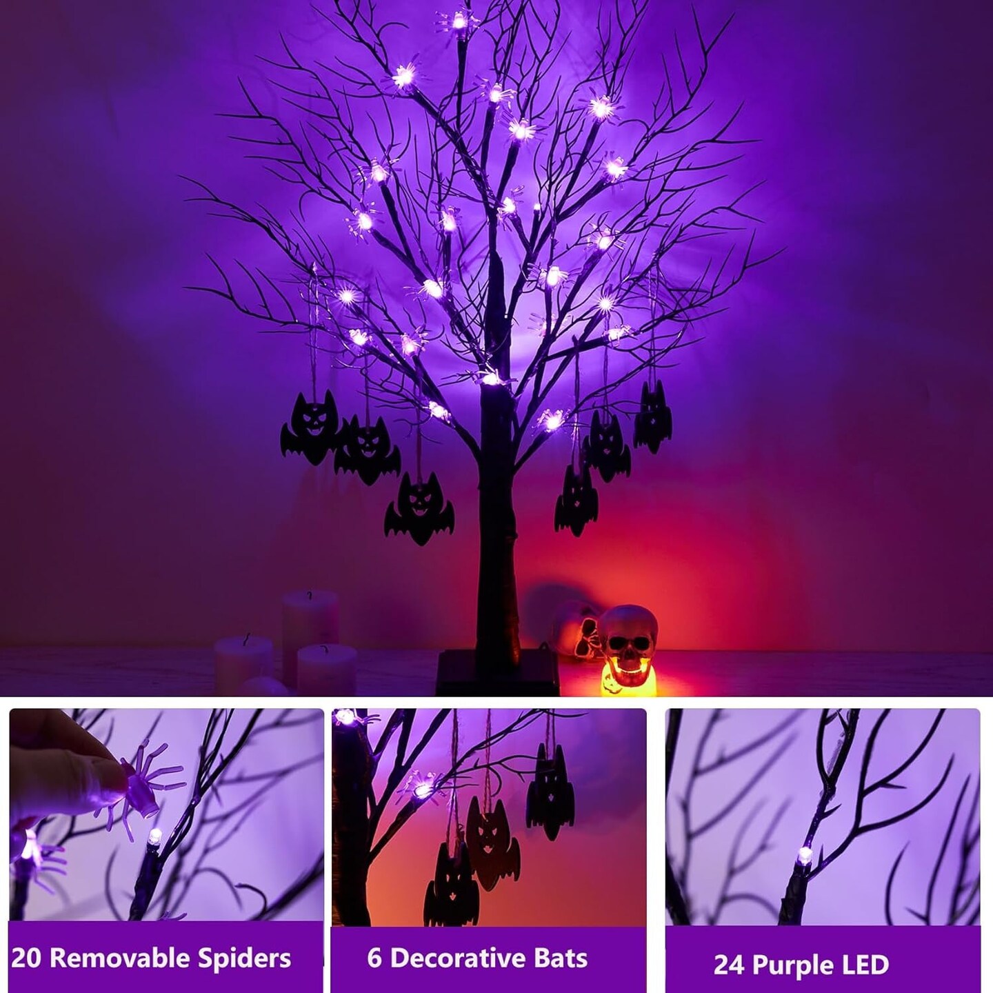 2FT Black Halloween Tree, Spooky Tree with 20 Spider & 24 Purple Lights and 6 Bat Decorations Battery Powered Tabletop Bonsai Tree Decoration for Halloween and Indoor