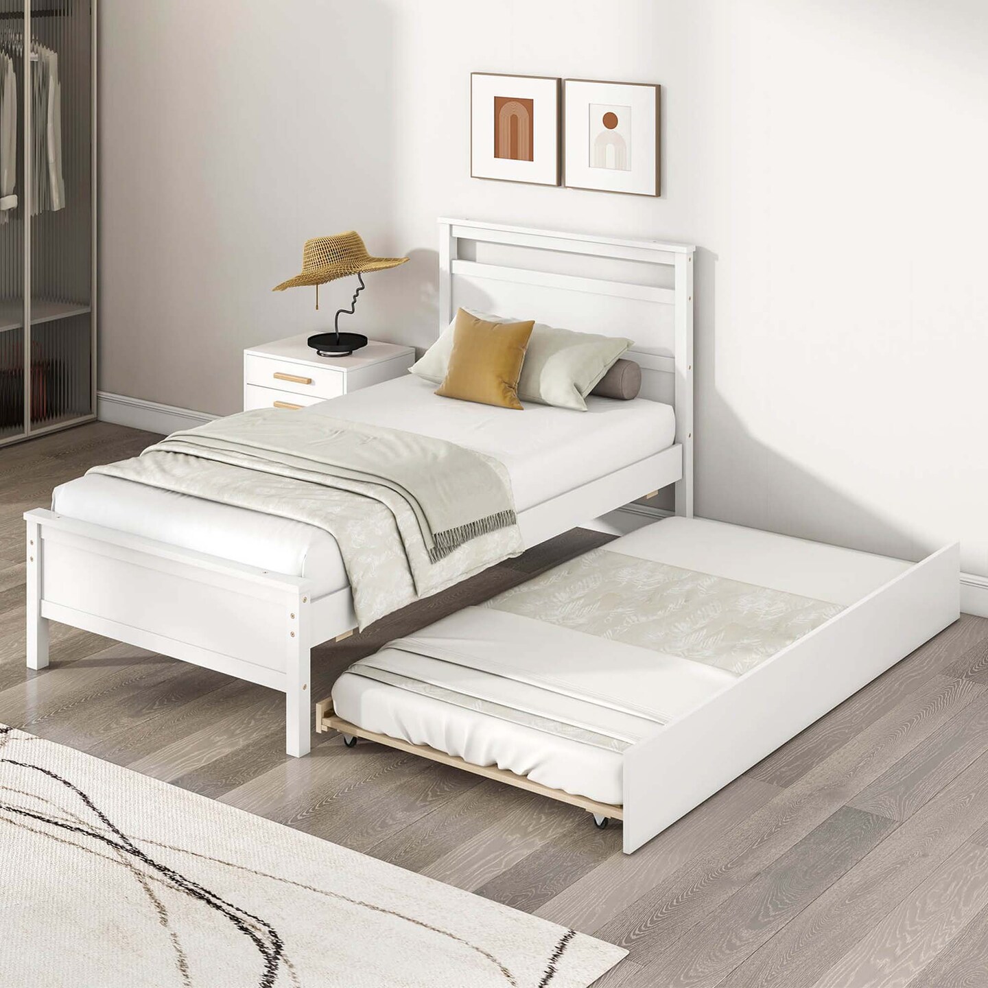 Costway Twin Size Platform Bed with Trundle Pull-out Trundle Headboard & Footboard Gray/White