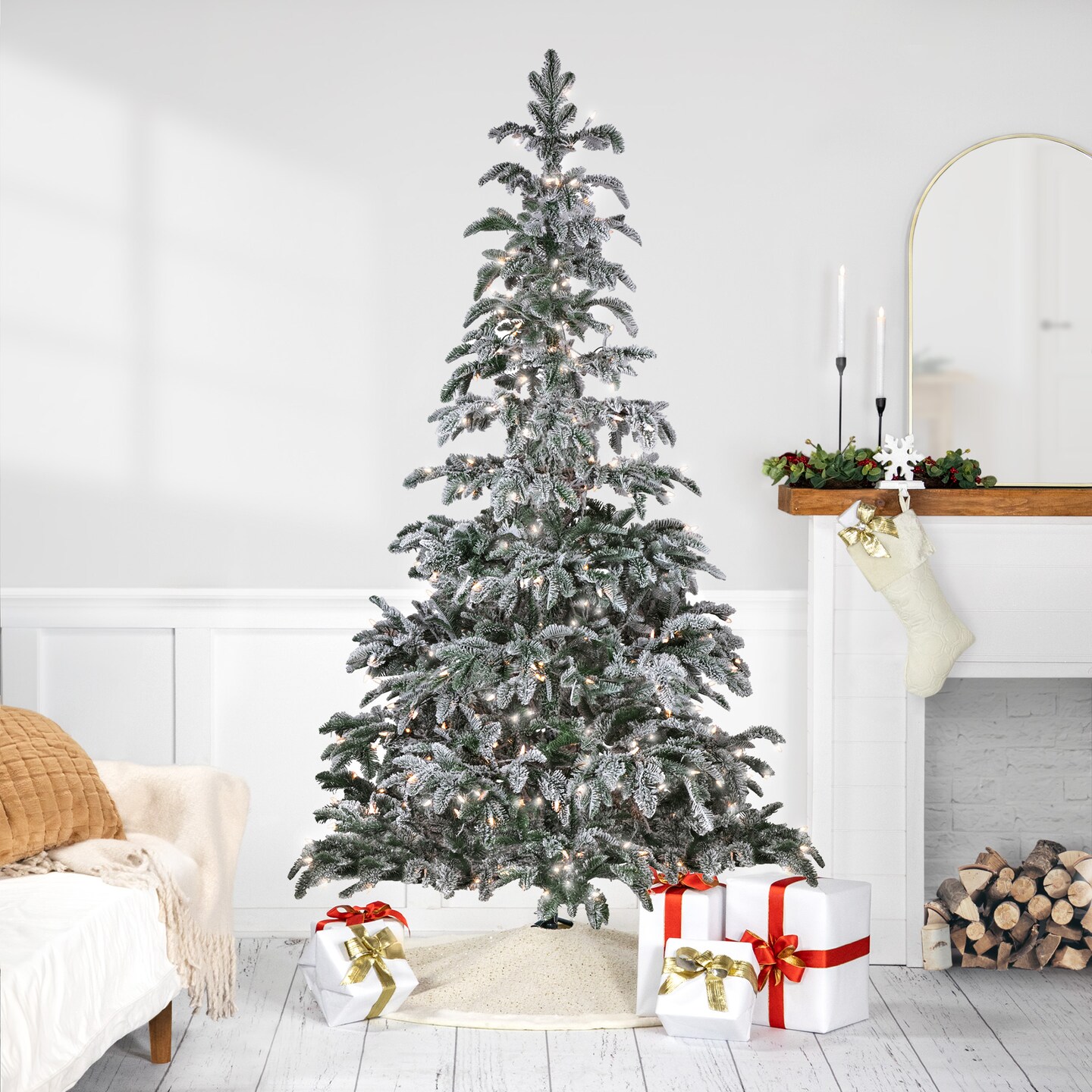 Northlight Real Touch™️Pre-Lit Full Flocked Whistler Noble Fir Artificial Christmas Tree - 6.5' - Clear Lights