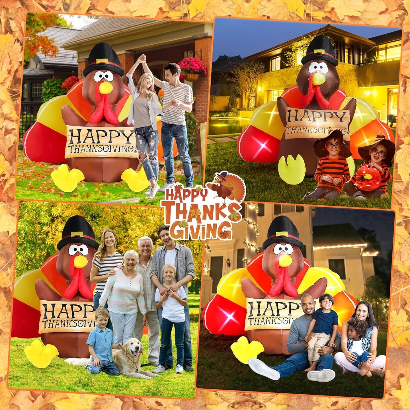 6 FT Thanksgiving Inflatables Turkey Outdoor Decorations with Colorful Big Tail &#x26; Pilgrim Hat, Built-In Leds Blow up Turkey Inflatable Yard Decoration for outside Fall Harvest Holiday Decor