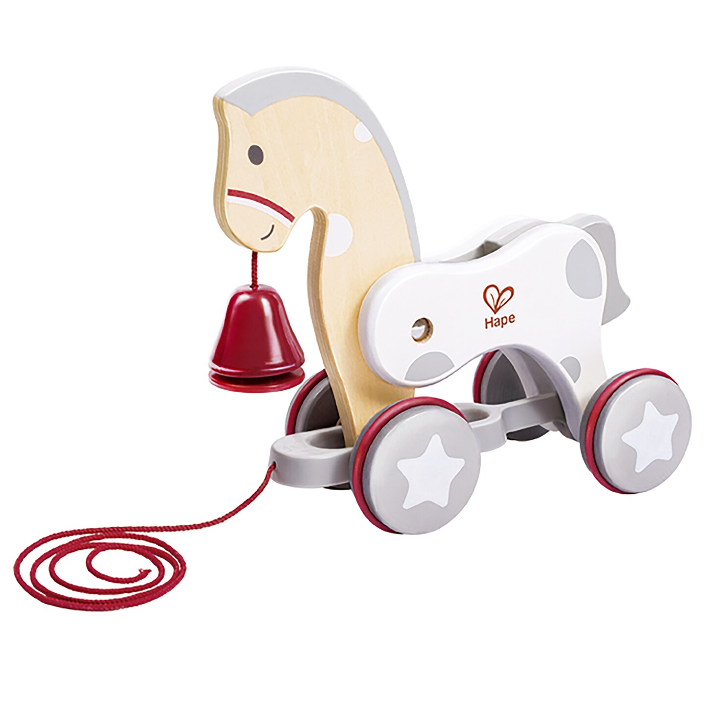 Hape: Pull Along Pony - White &#x26; Red - Wooden Toy, Moving Head &#x26; Bell, Rubber Rimmed Wheels, Push &#x26; String Take Along, Baby, Toddler &#x26; Kids Ages 1+