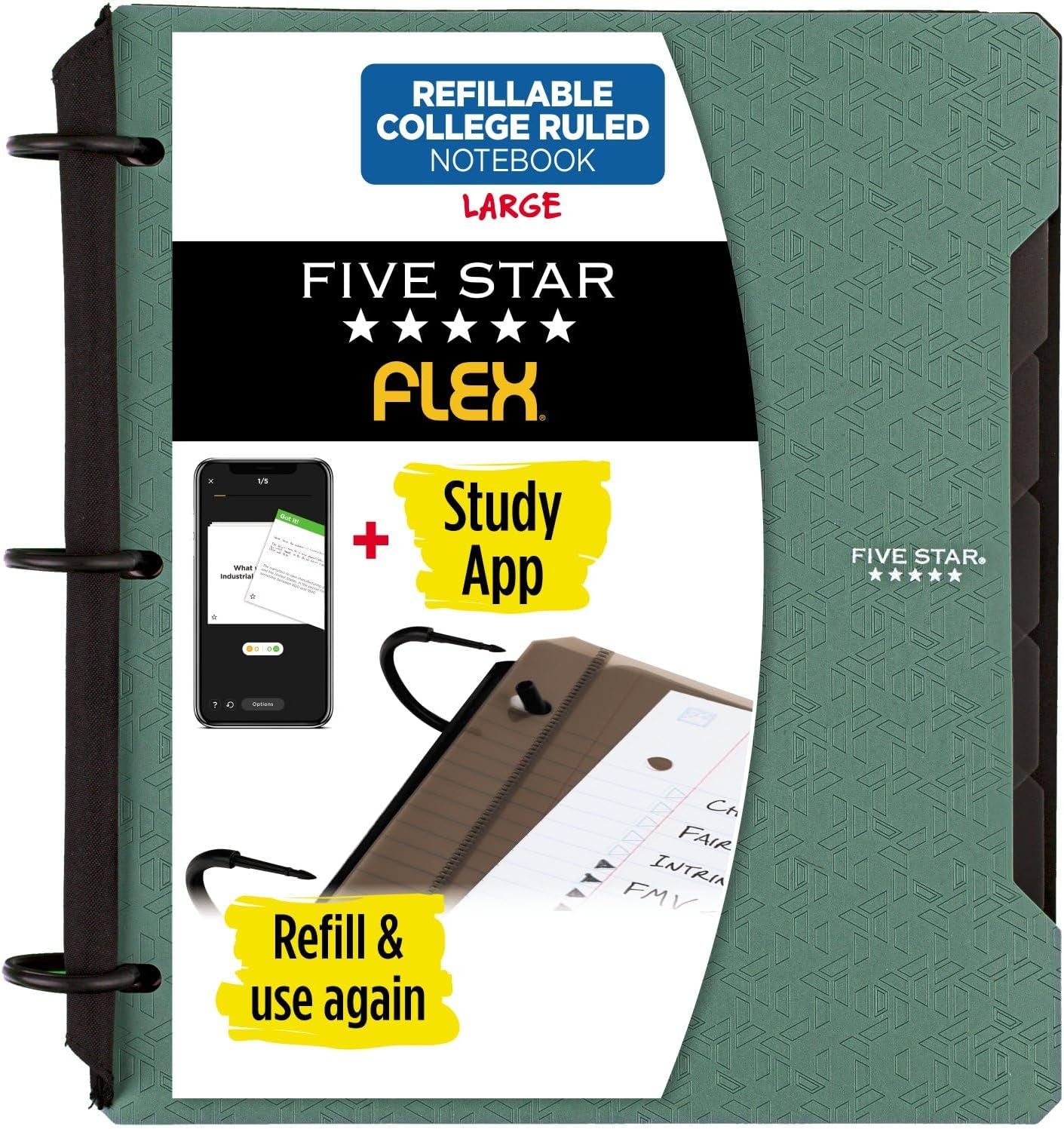 Flex Refillable Notebook + Study App, College Ruled Paper, 1 Inch Techlock Rings, Pockets, Tabs and Dividers, Seaglass Green (29328AQ8)